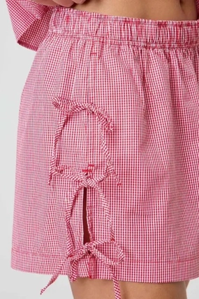 Side Bow Tie Shorts - Red Gingham Tapered Look