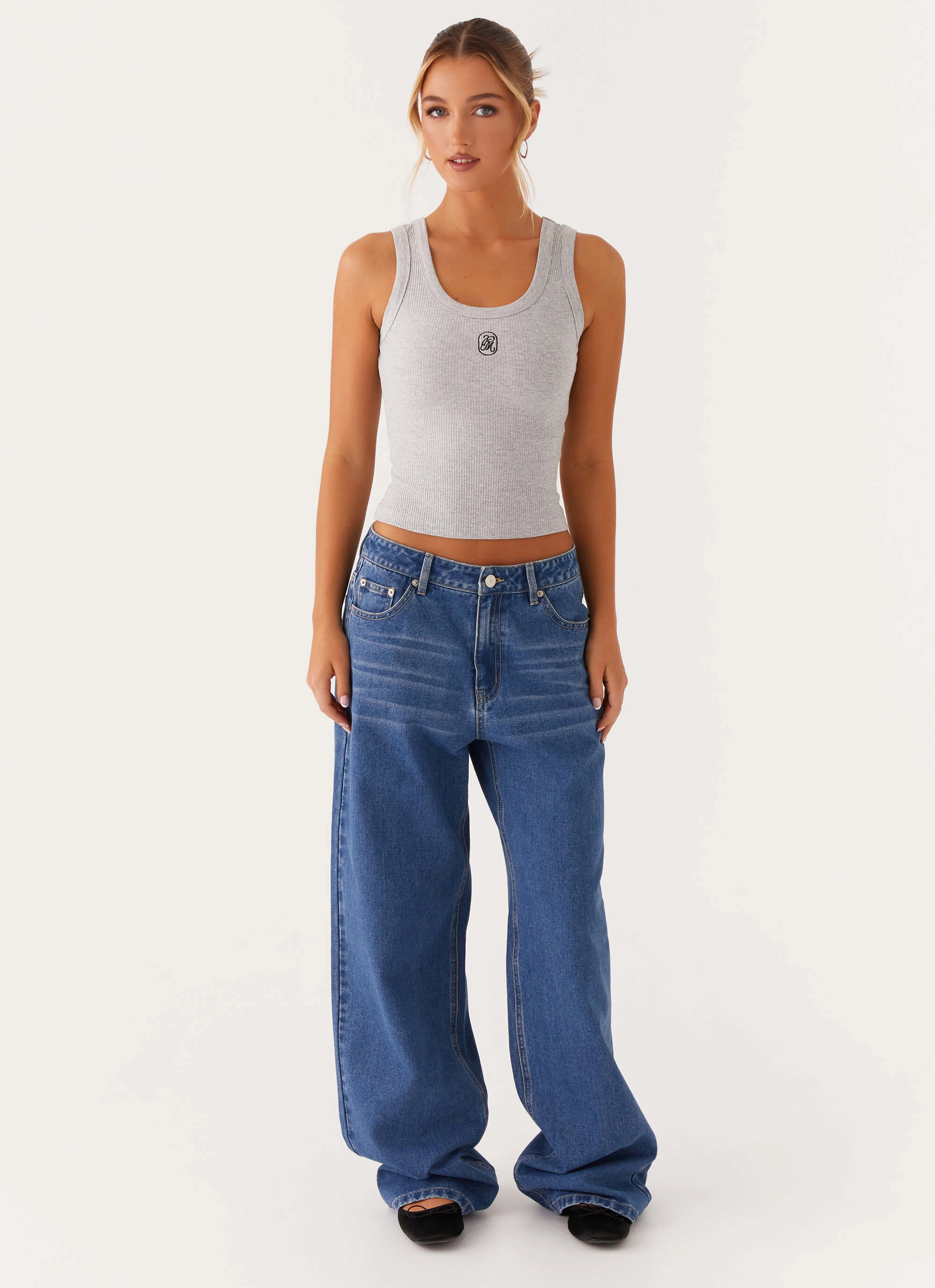 High Collar Design ReinforcedStitching Signature Tank Top - Light Grey Marle