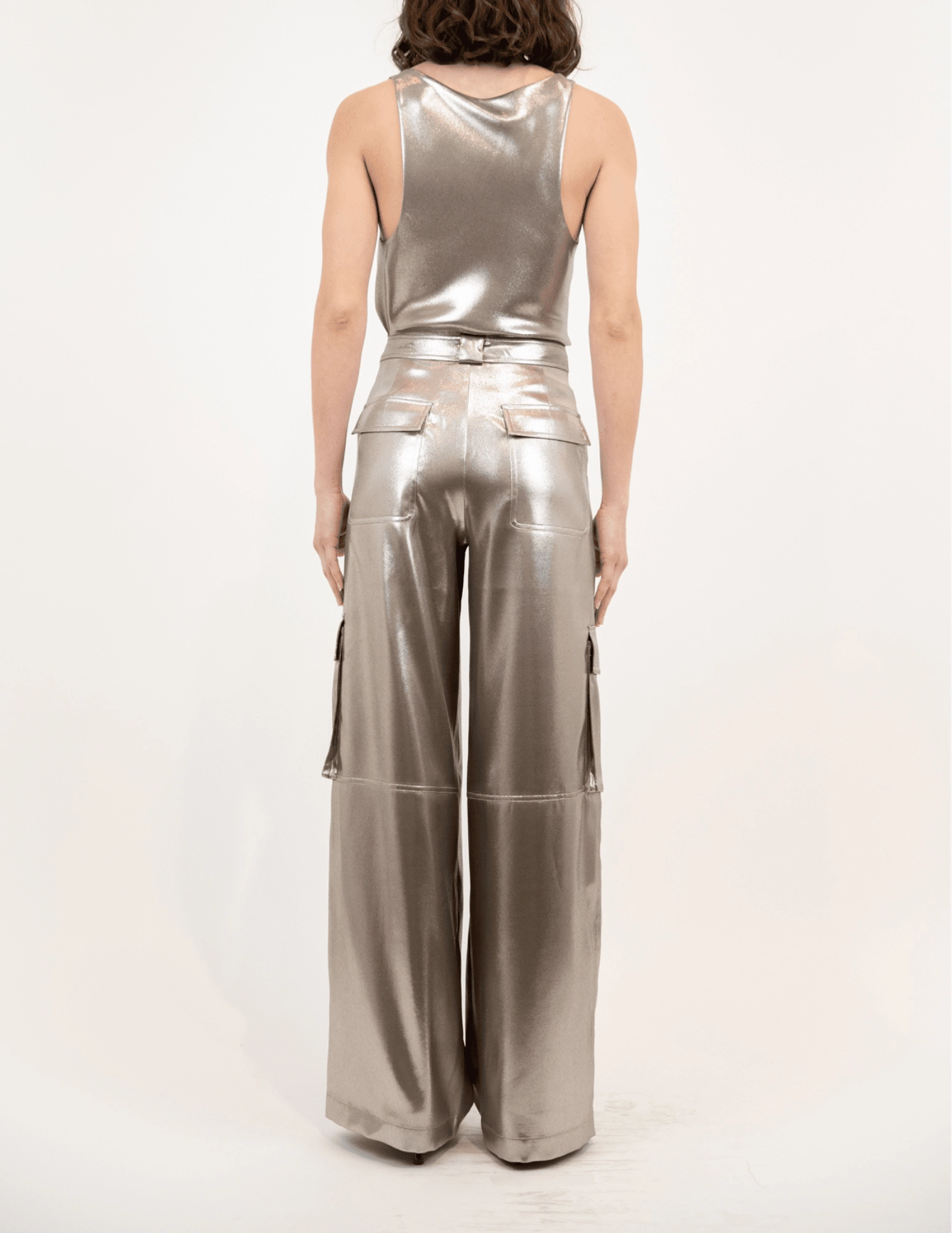SecureClosureSystem Zero Waste Manufacturing Simkhai Beatriz Metallic Satin Cargo Pant