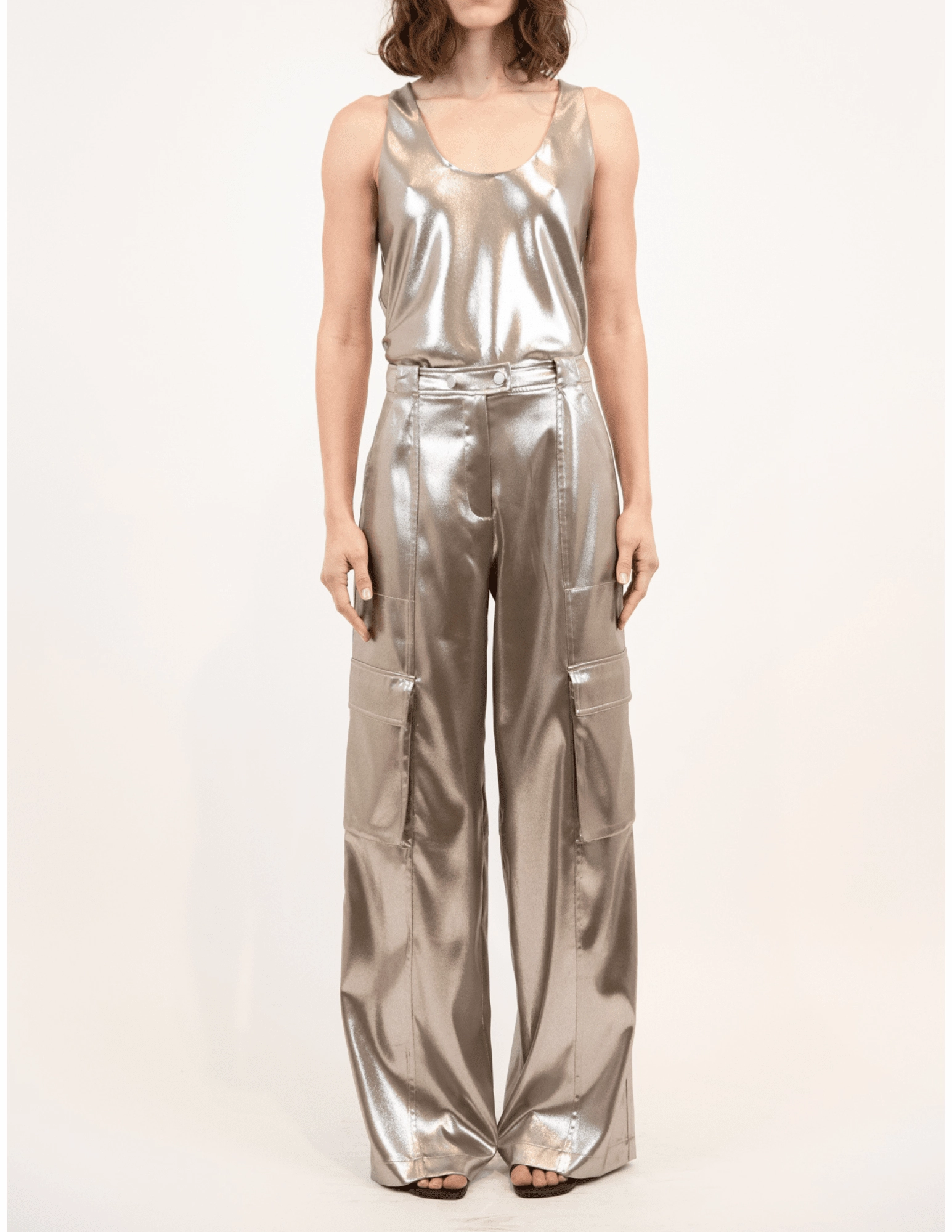 Simkhai Beatriz Metallic Satin Cargo Pant Simple and Cozy