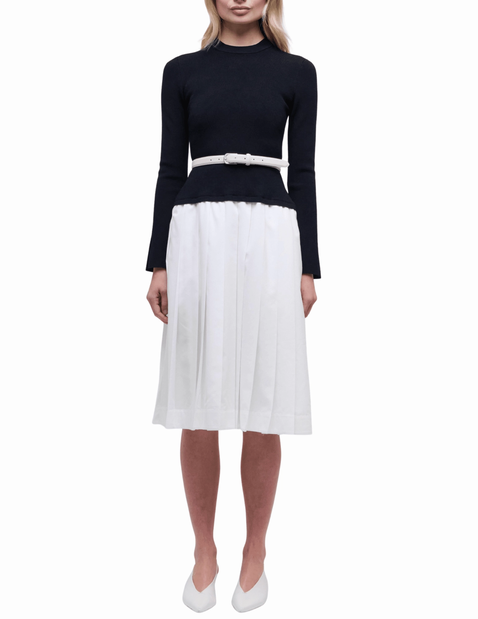 Simkhai Heather Knit Poplin Belted Dress in Black White Artistic Shape