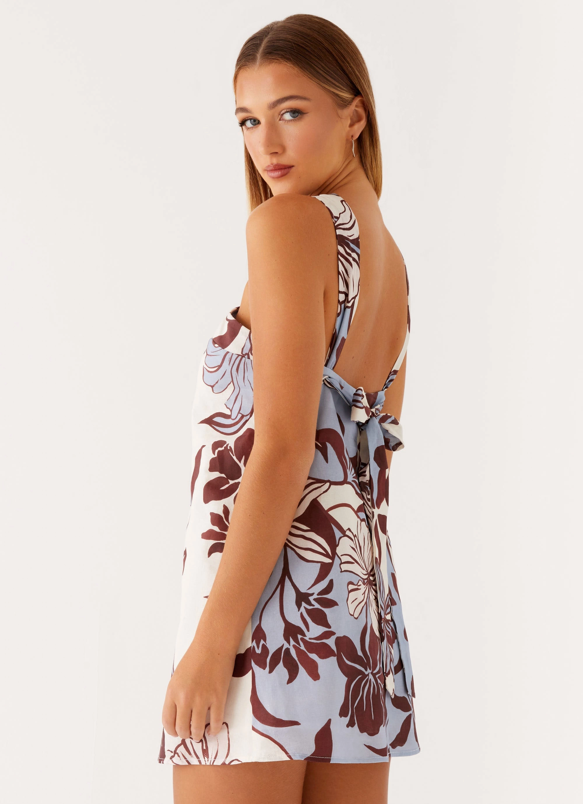 Keira Linen Mini Dress - Bluewood Blossom Office Cool