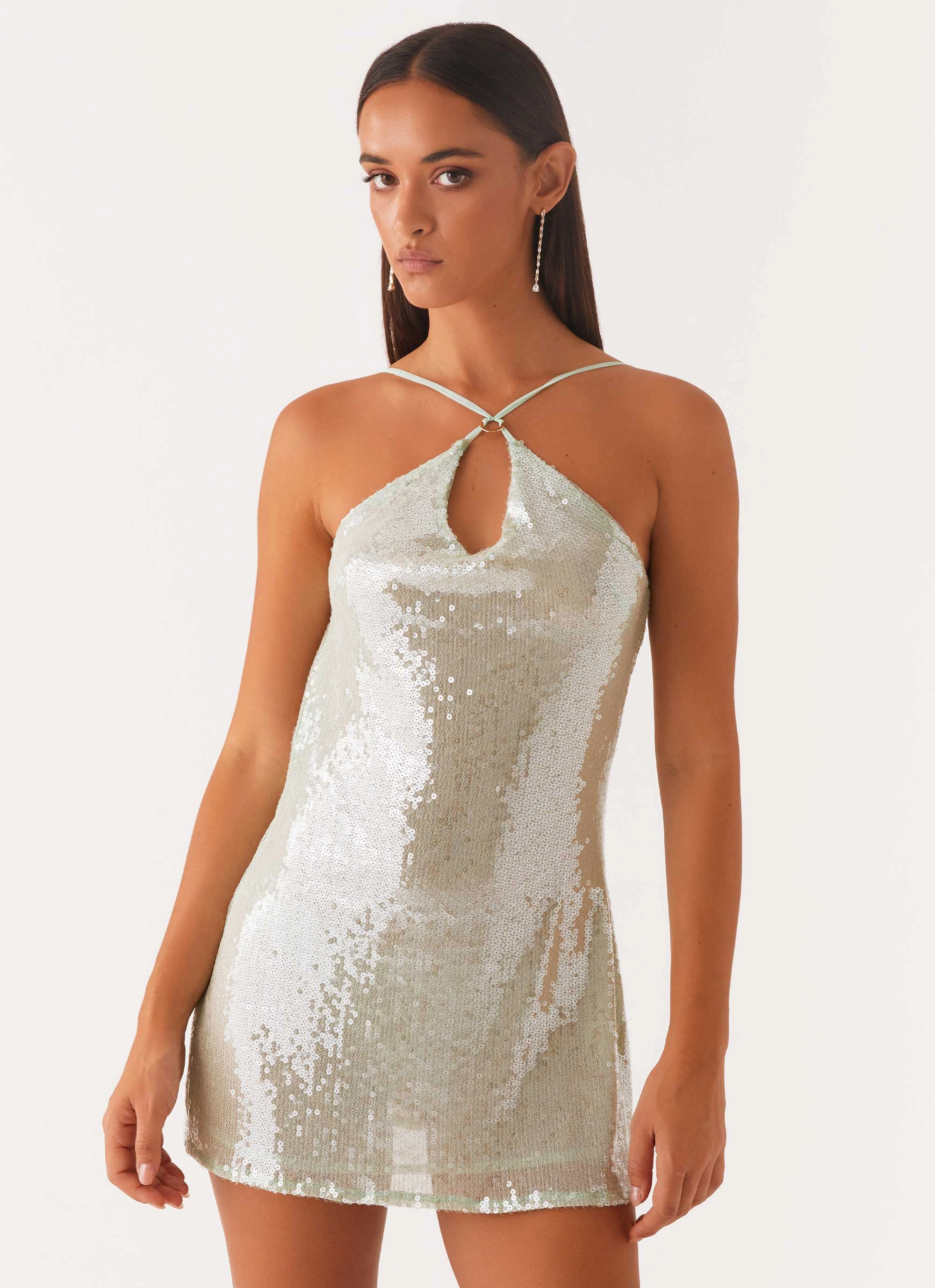 Subtle Glow Silky texture Radiant Energy Cowl Back Mini Dress - Mint