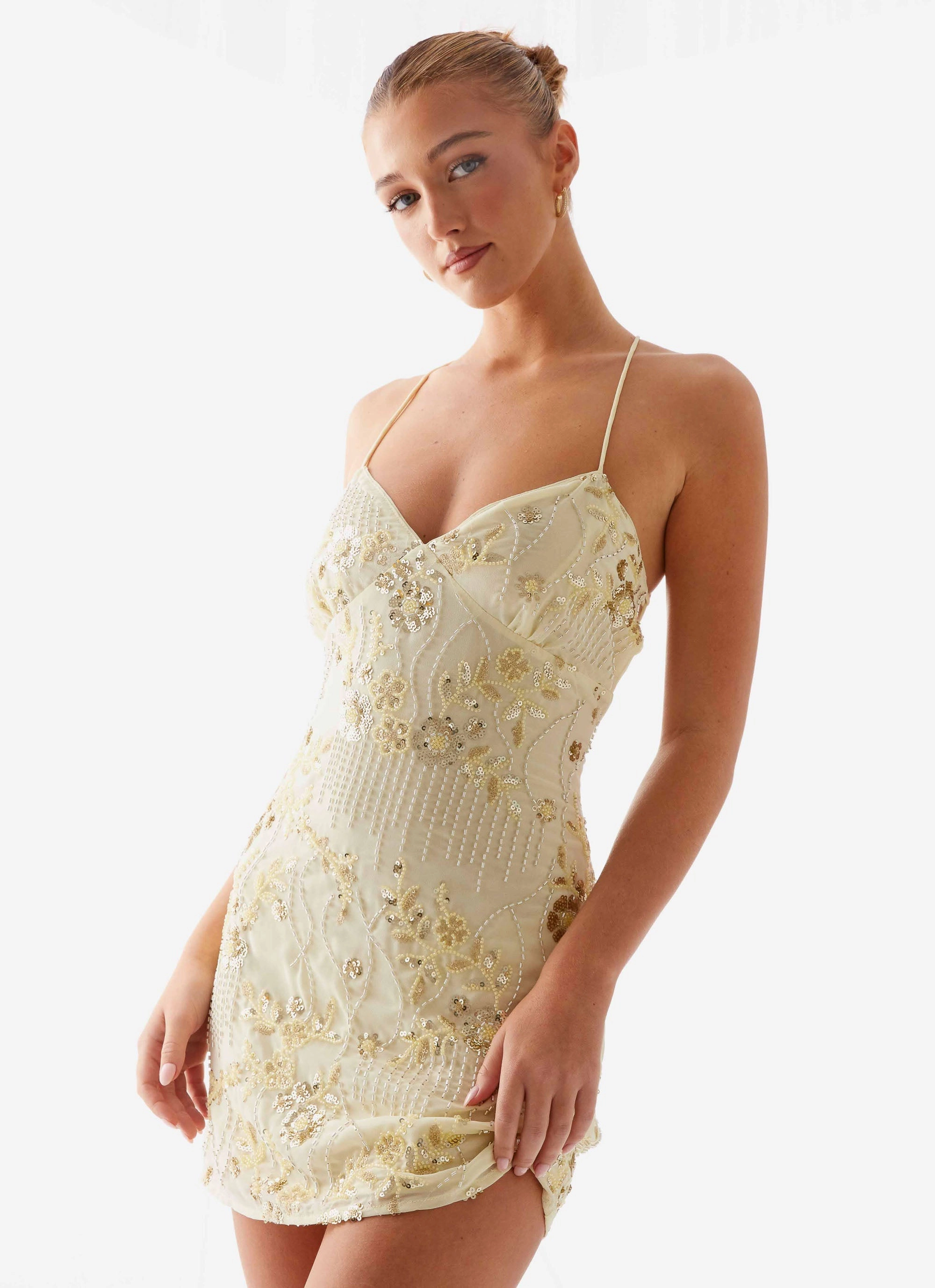 Classic A-line design All-season Vietta Sequin Cami Mini Dress - Yellow