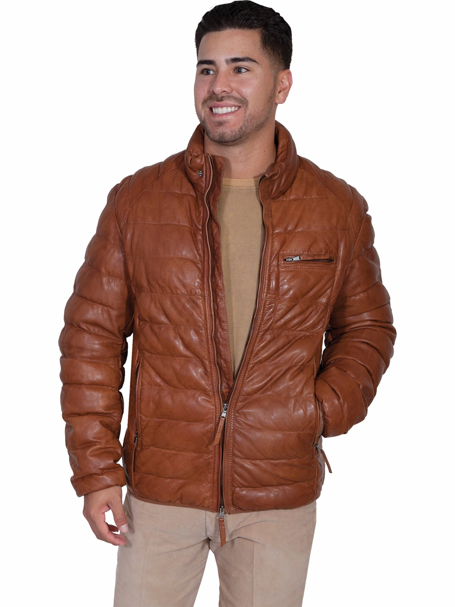 Modern Utility Scully Mens Cognac Lambskin Horizontal Ribbed Jacket