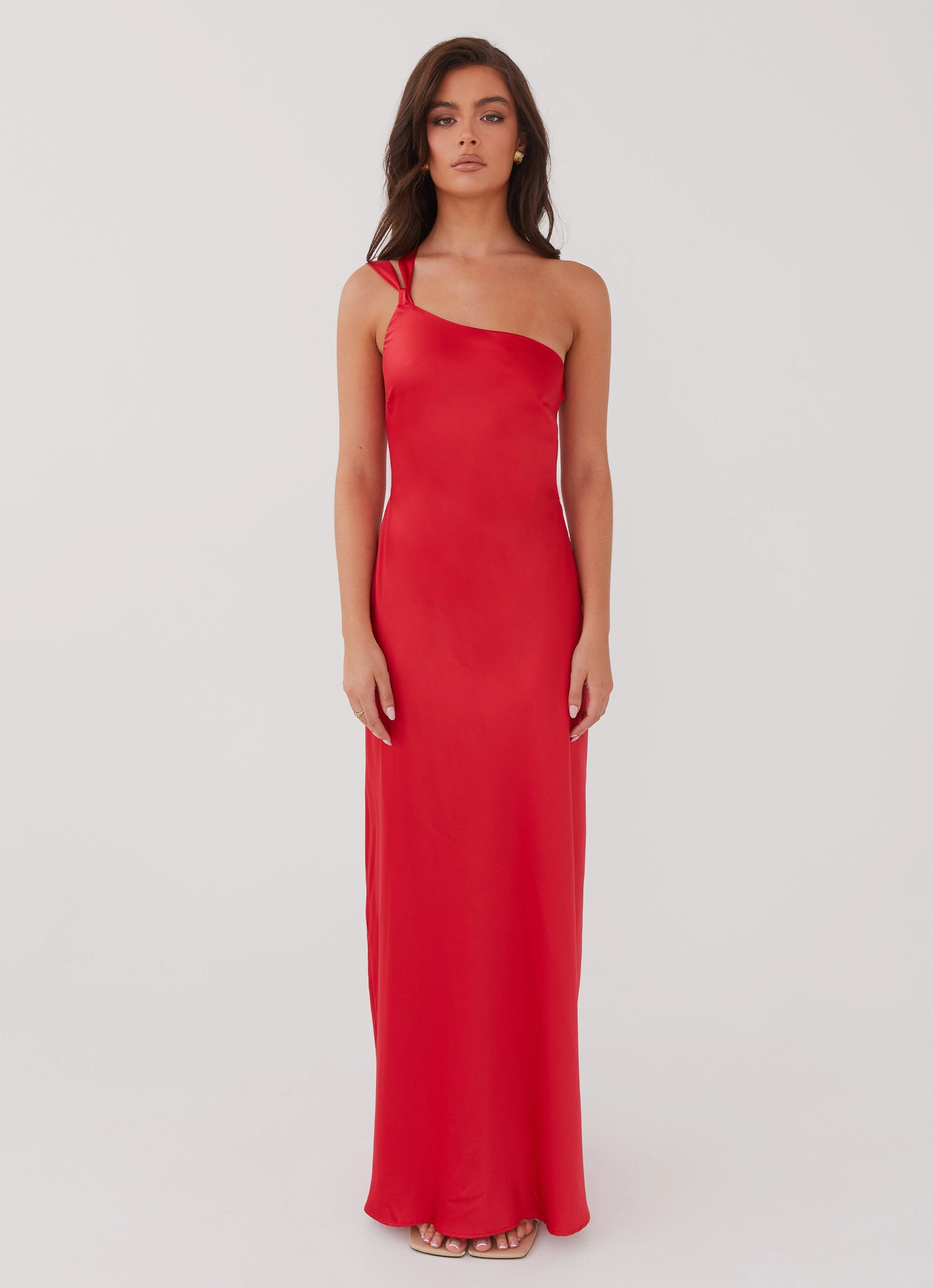 Abstract Pattern Urban Drape Delancy One Shoulder Maxi Dress - Rouge Red