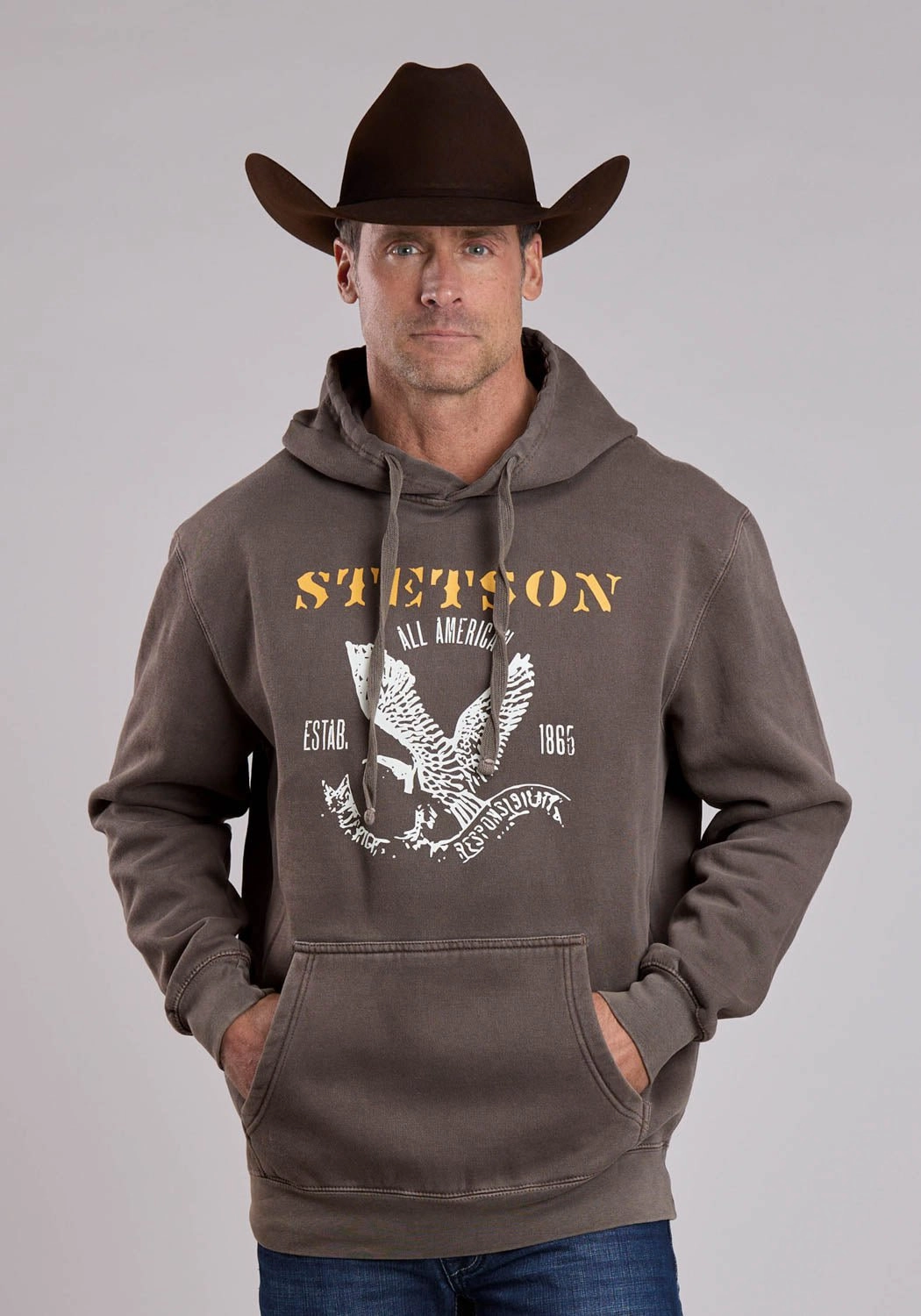 Clean Silhouette Stetson Mens All American Eagle Brown Cotton Blend Hoodie