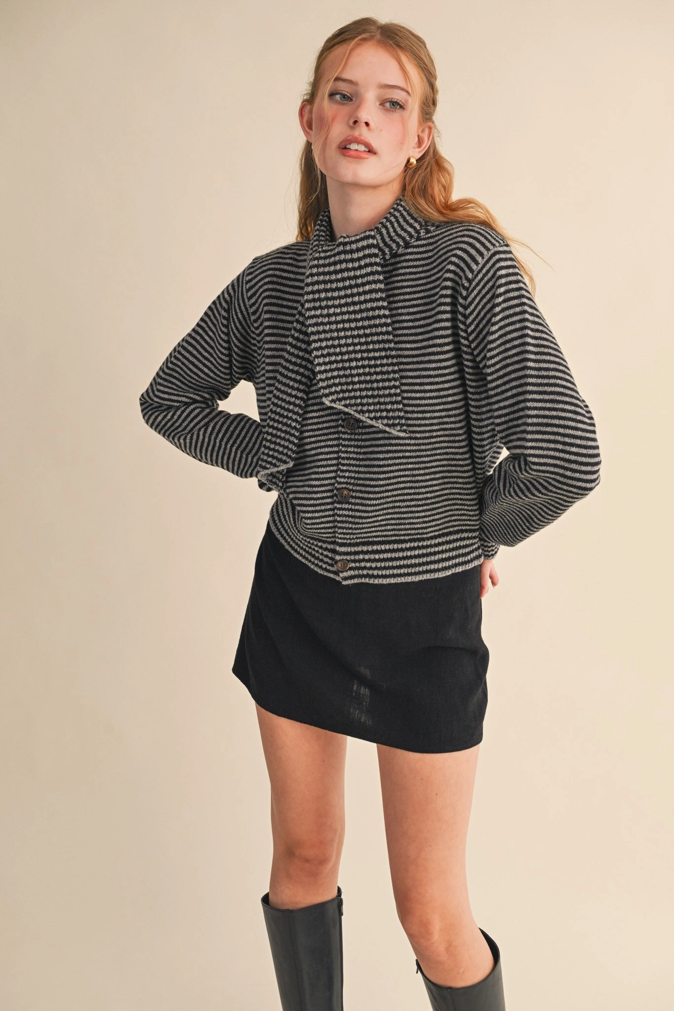 NonScratchyLining AbrasionResistant Fabric Striped Scarf Neck Cardigan - Black