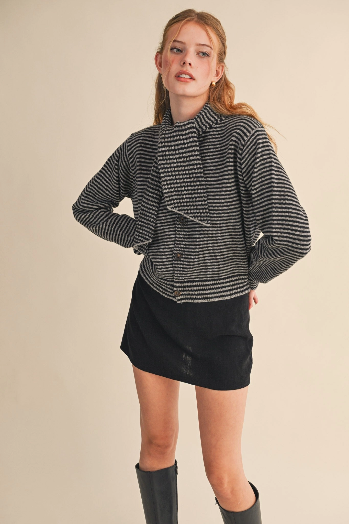 Winter Ready Look Striped Scarf Neck Cardigan - Black