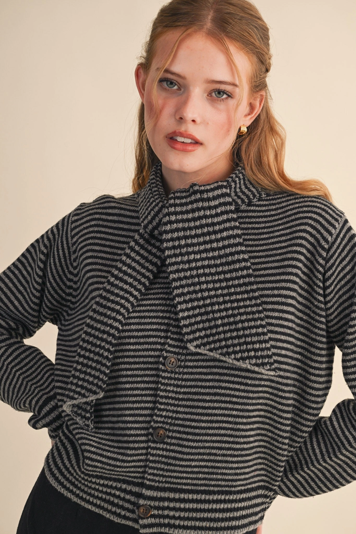 Striped Scarf Neck Cardigan - Black Anti Odor Finish