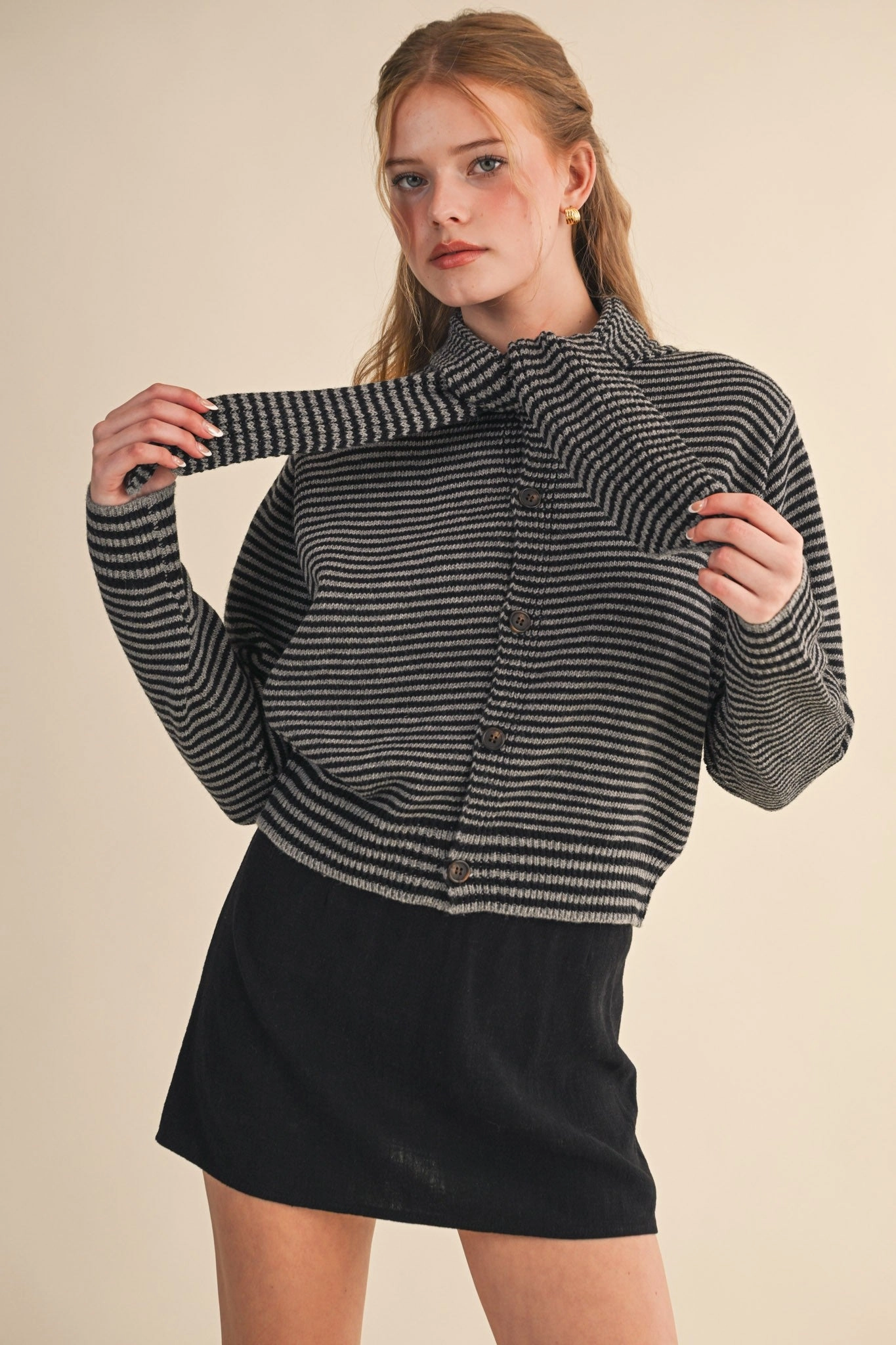 Striped Scarf Neck Cardigan - Black Sustainable Manufacturing Non Closure Collar