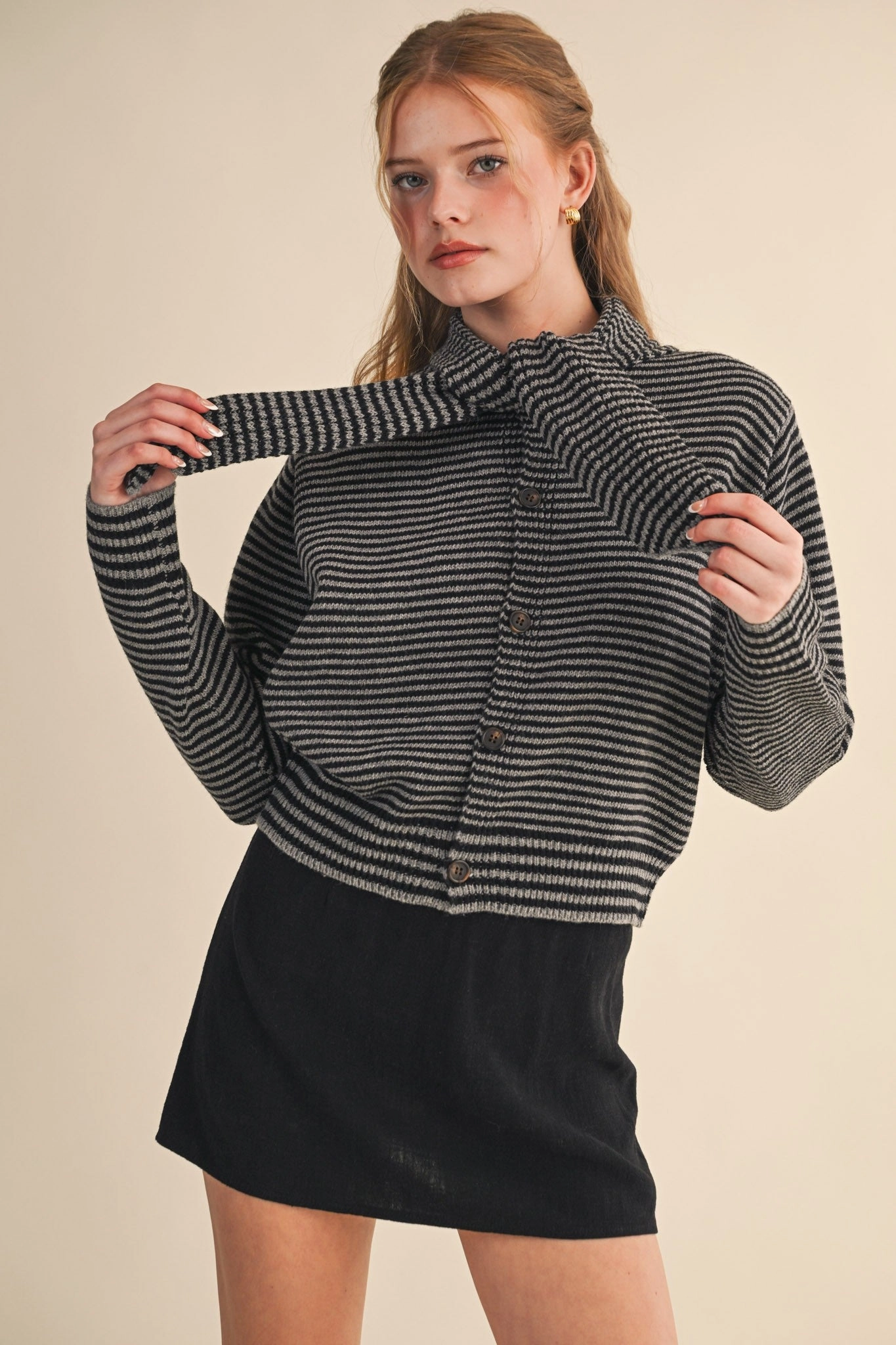 Striped Scarf Neck Cardigan - Black Soft Knit Thermal Regulating Design