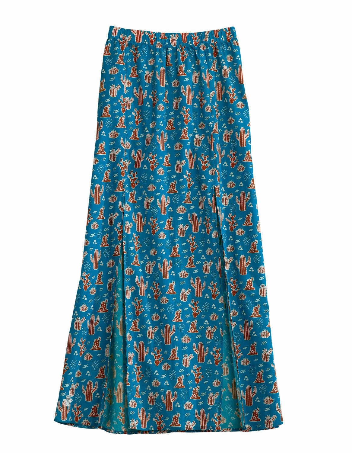 Trend Ready Side Slit Tin Haul Womens Blue 100% Cotton Cacti Print Maxi Skirt