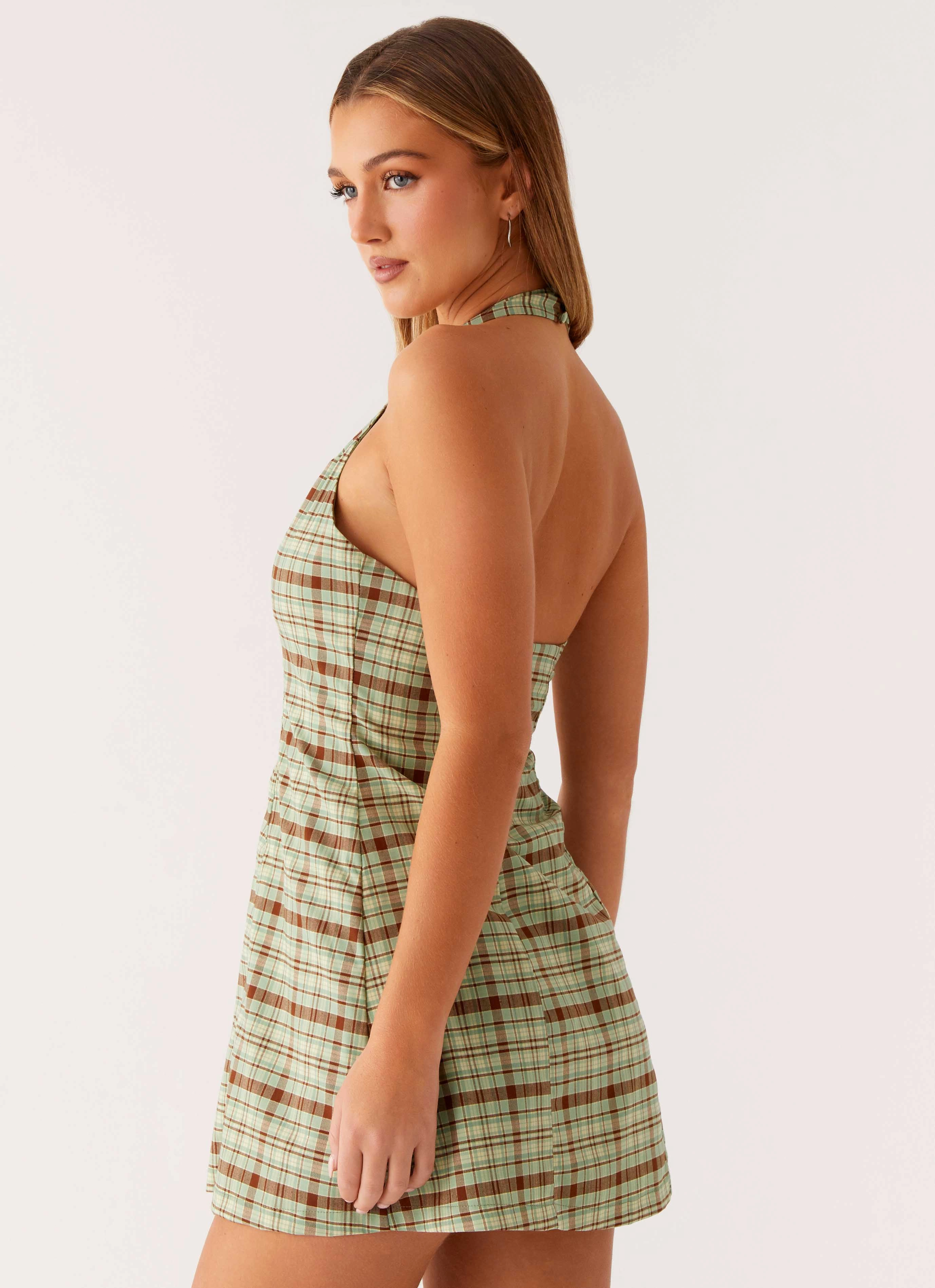 Dunia Halter Mini Dress - Forest Plaid Mid Season Breathable