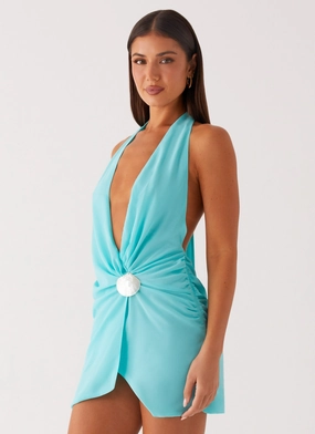Playful-Detail Eleanora Plunge Mini Dress - Turquoise