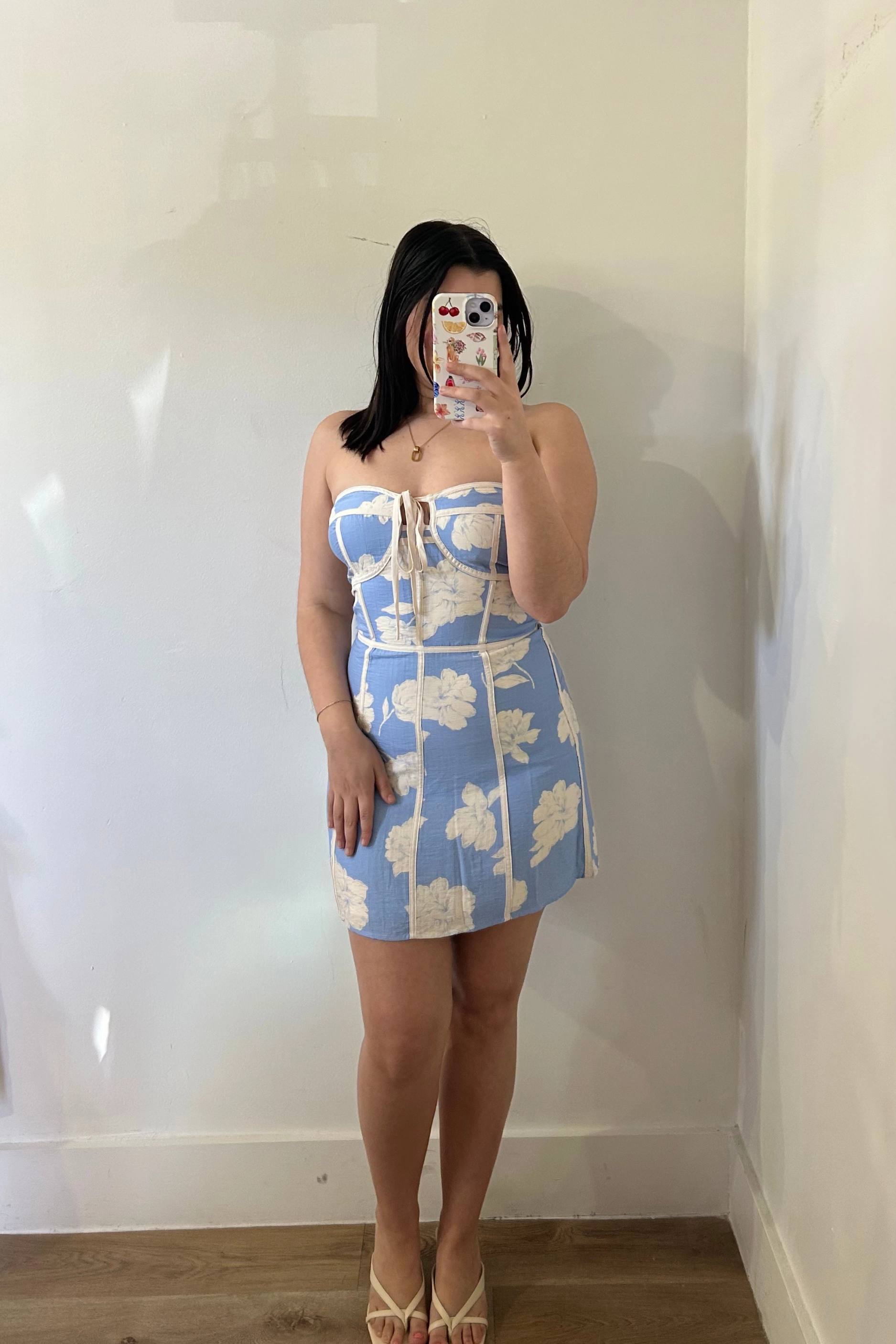 Strapless Floral Mini Dress - Blue Subtle Lines Sharp Detail