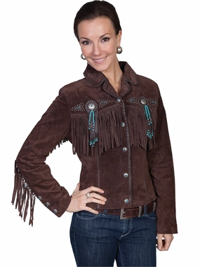Scully Leather Womens Beaded Fringe Conchos Boar Suede Jacket Chocolate Softshell Coating