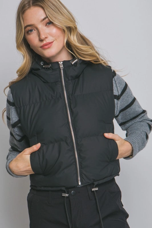 Violet Cropped Puffer Vest W/adjustable Drawstrings Soft Interior Coating Ergonomic Shoulder Design