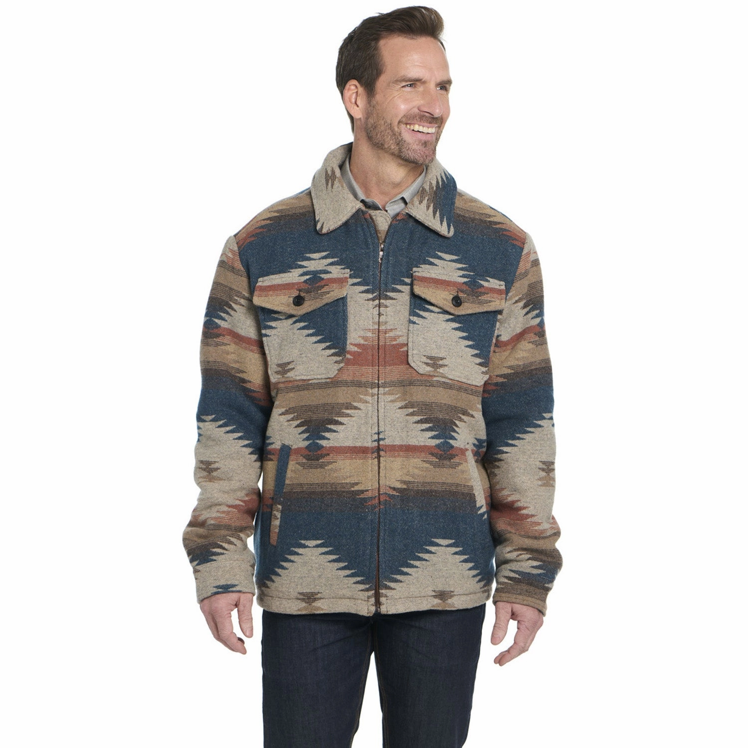 Cripple Creek Mens Zip Front Blanket Shirt Navajo Teal 100% Polyester Jacket Fleece Lined Interior RibbedKnitCollar