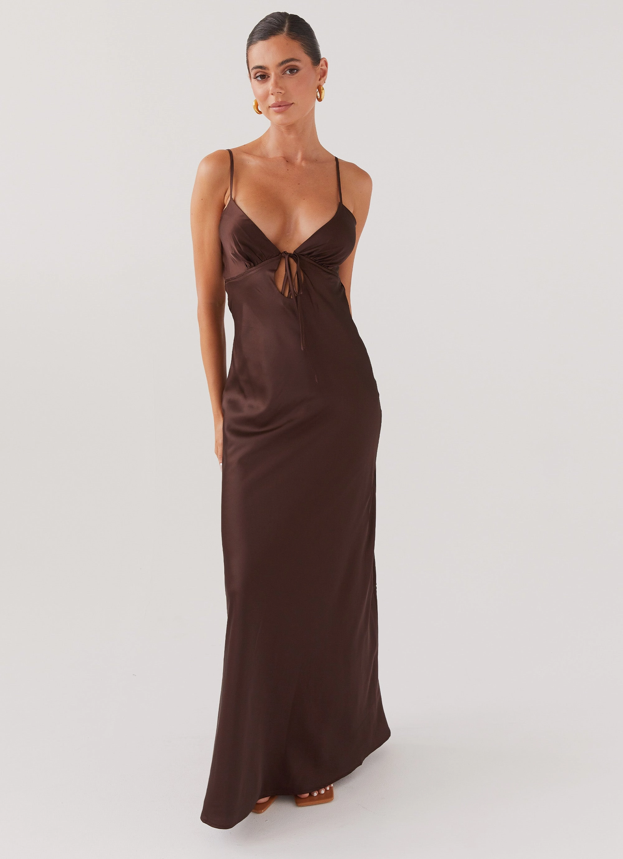 Flora Satin Maxi Dress - Chocolate Versatile dress for layering