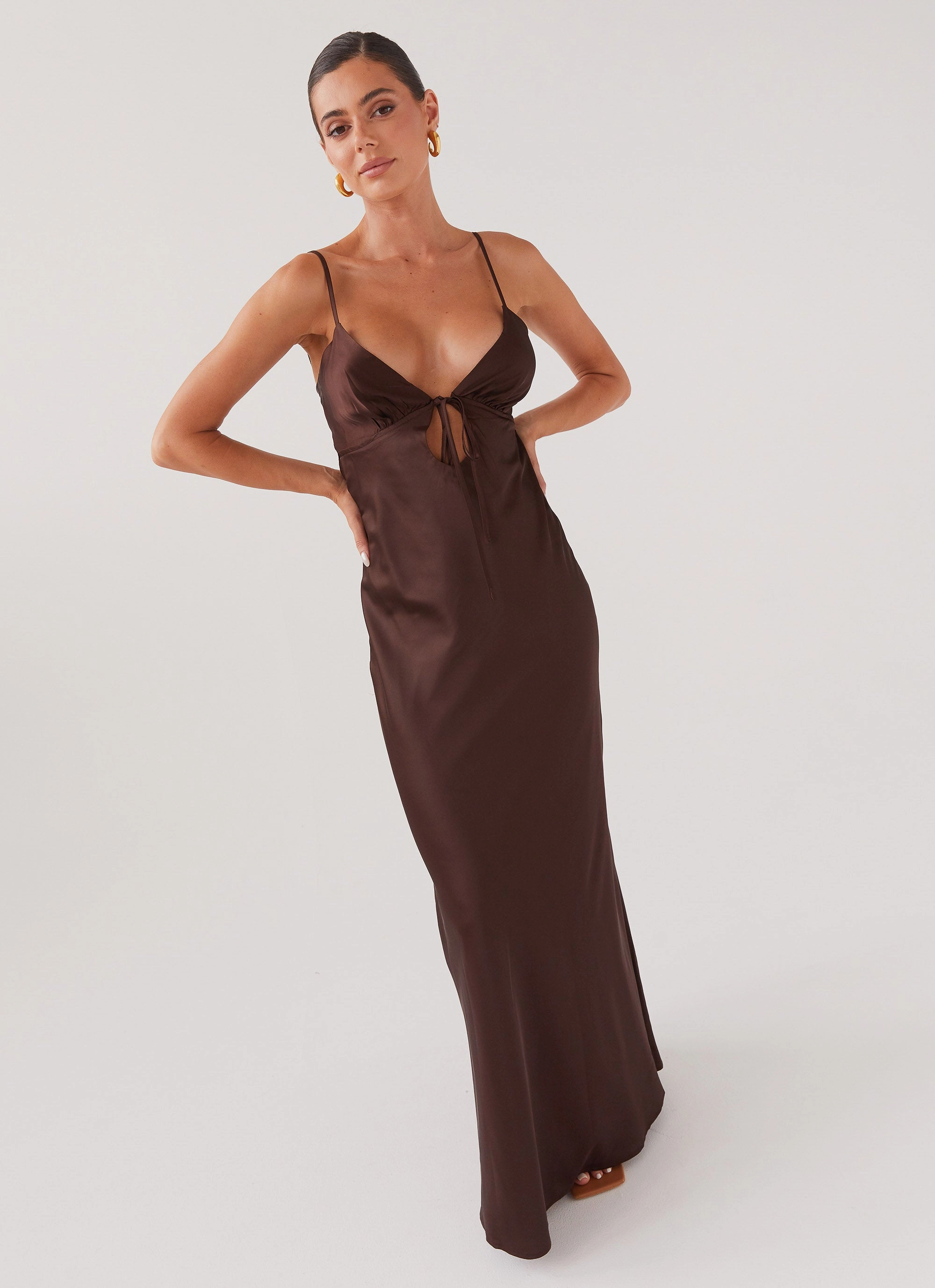 Edgy Layers Flora Satin Maxi Dress - Chocolate