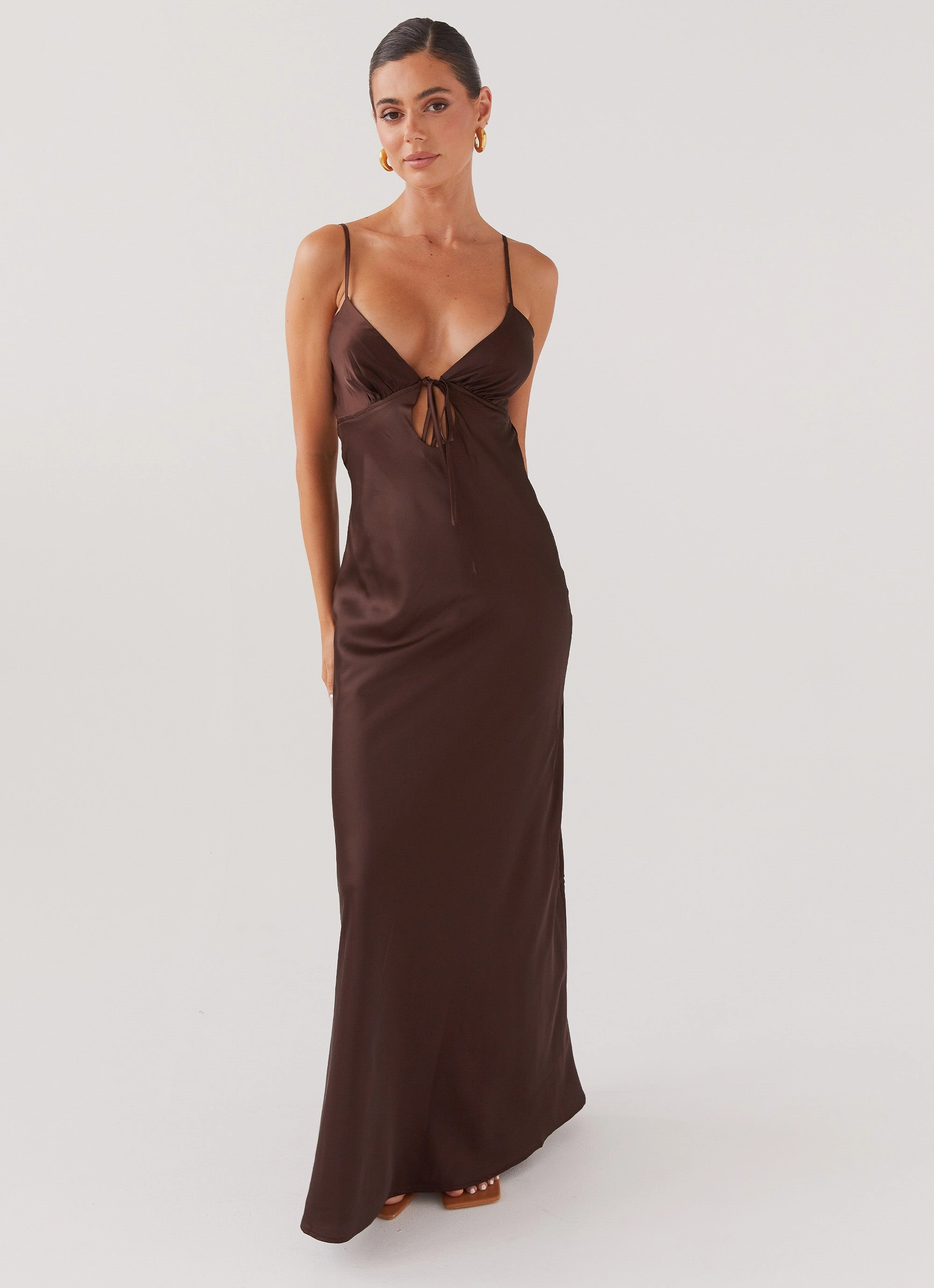 Saturated Hue Flora Satin Maxi Dress - Chocolate