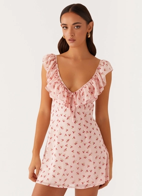 Adrina Ruffle Mini Dress - Pink Flower Relaxed work dress
