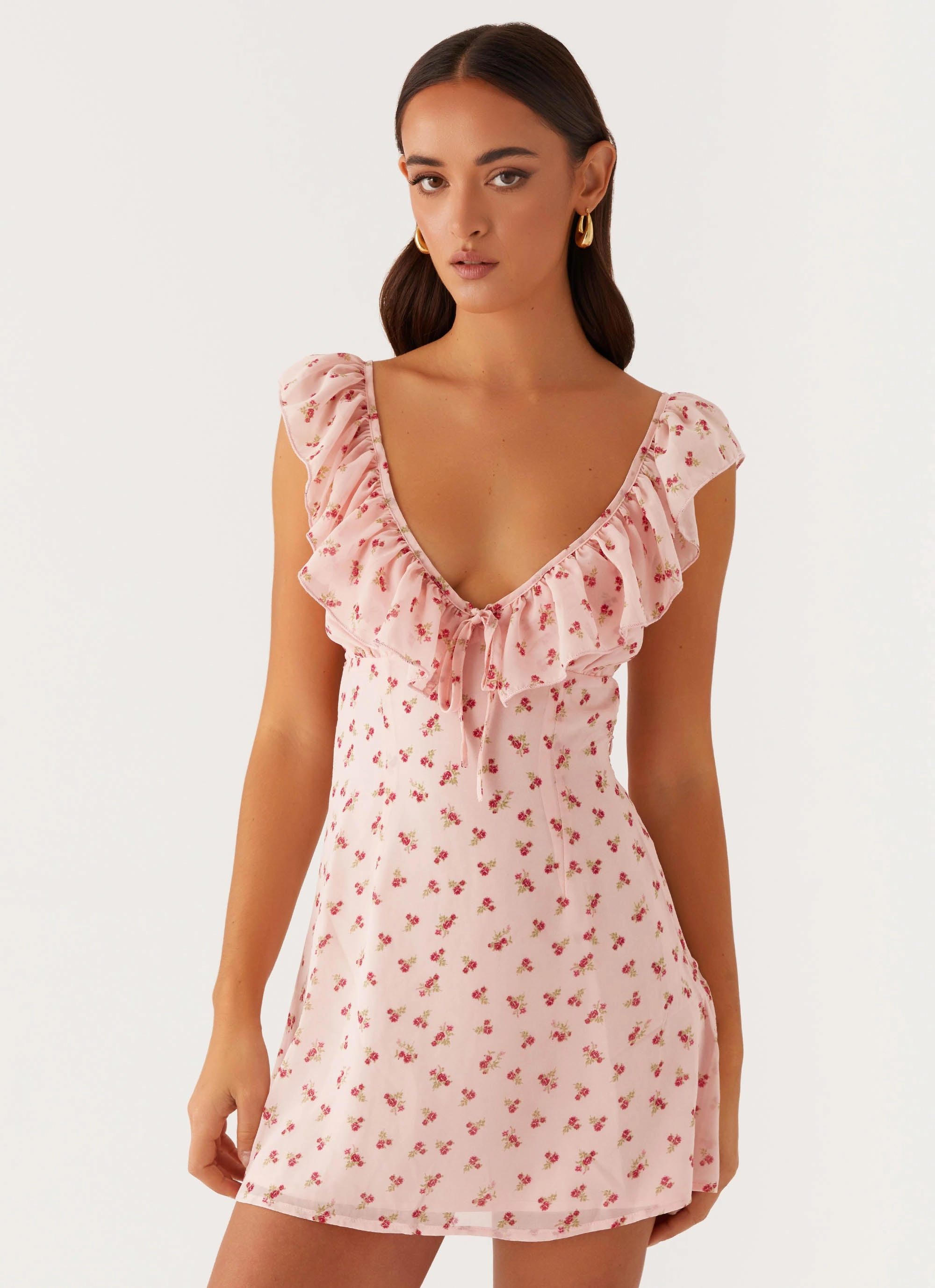 Adrina Ruffle Mini Dress - Pink Flower Breathable wear Grace Base