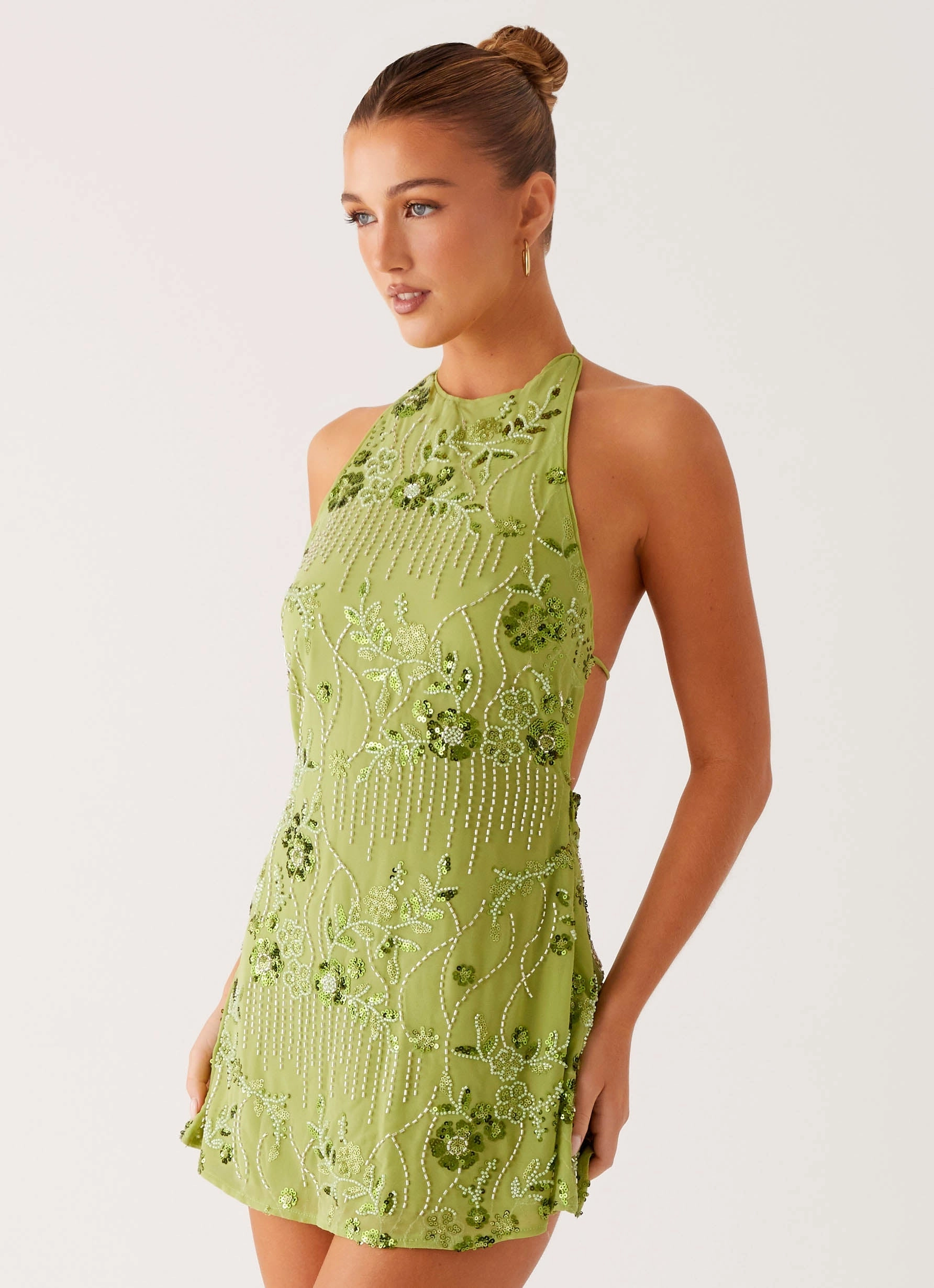 Fine Texture Casual Days Leo Beaded Mini Dress - Green