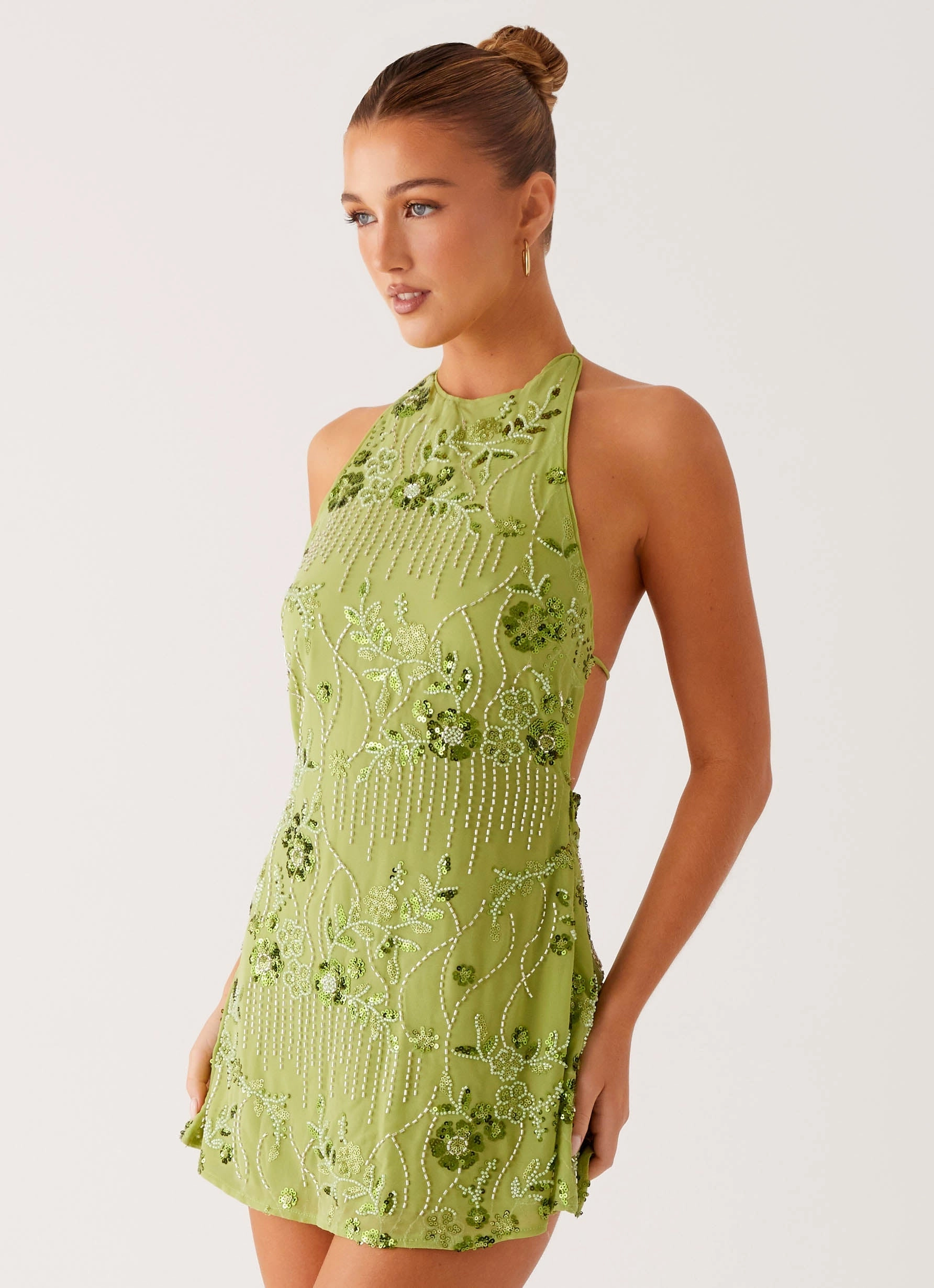 Leo Beaded Mini Dress - Green Linen Chic