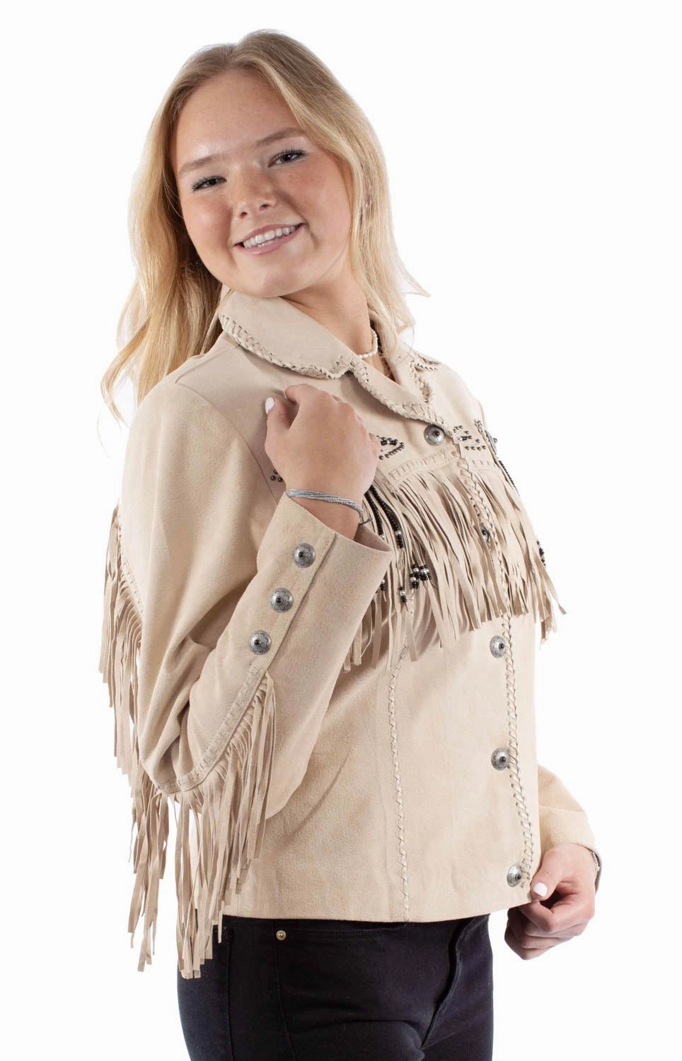 Scully Womens Fringe Yoke Beaded Sand Leather Leather Jacket Bonded Closure Mechanism