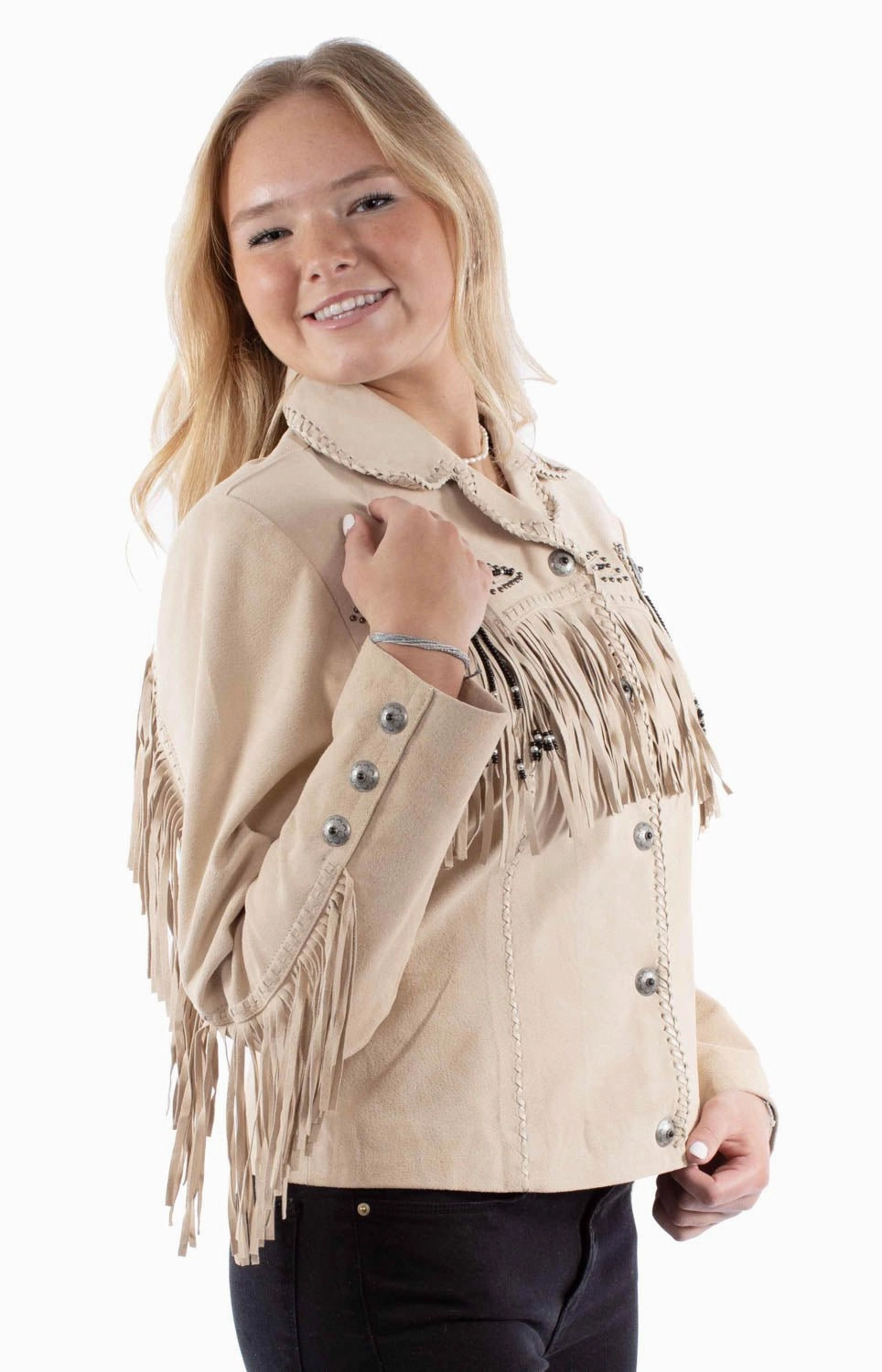 Scully Womens Fringe Yoke Beaded Sand Leather Leather Jacket Comfortable Fabric Light Reflective