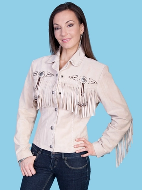 Scully Womens Fringe Yoke Beaded Sand Leather Leather Jacket Buttery Soft Handfeel Classic Fit