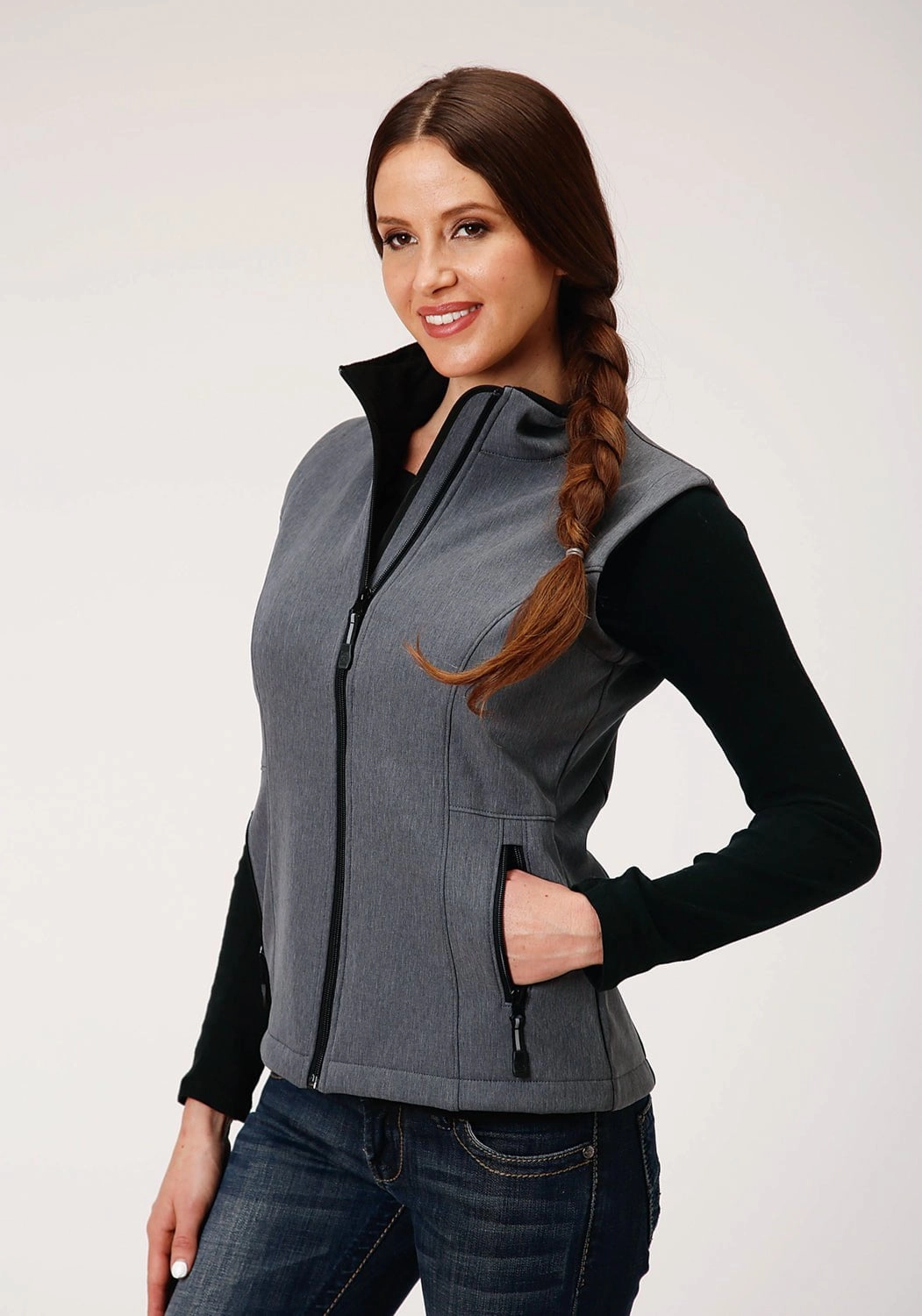 Clean Jacket Detail Wind Resistant Roper Womens Heather Grey Polyester Softshell Vest
