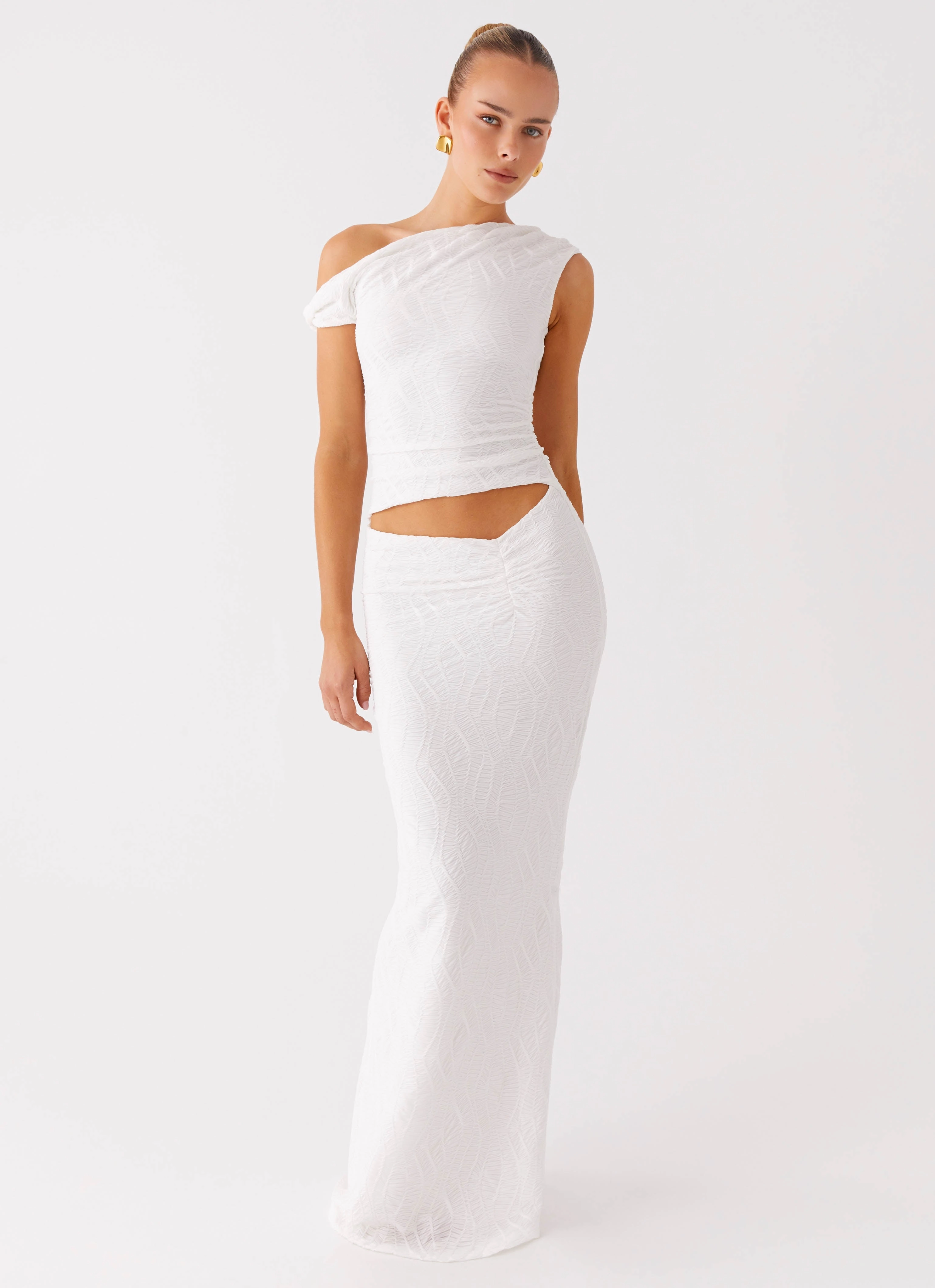 Galantis One Shoulder Maxi Dress - White Fall Style StretchableKnit