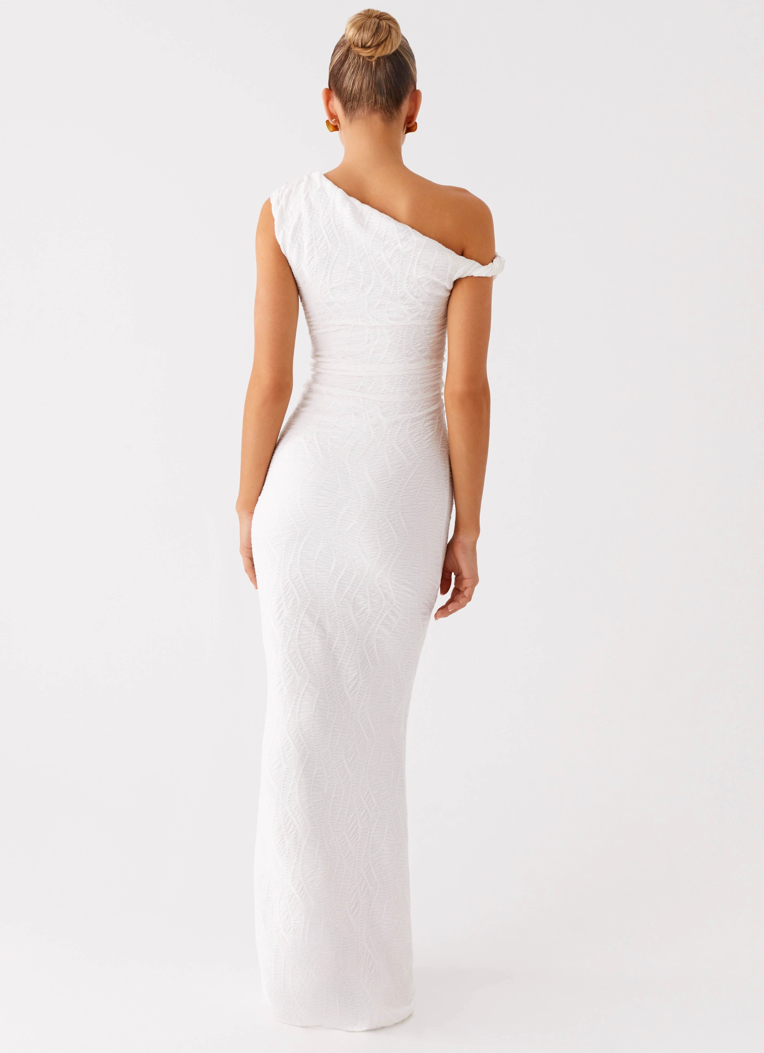 and Effortless fit dress. Sleek Draping Galantis One Shoulder Maxi Dress - White