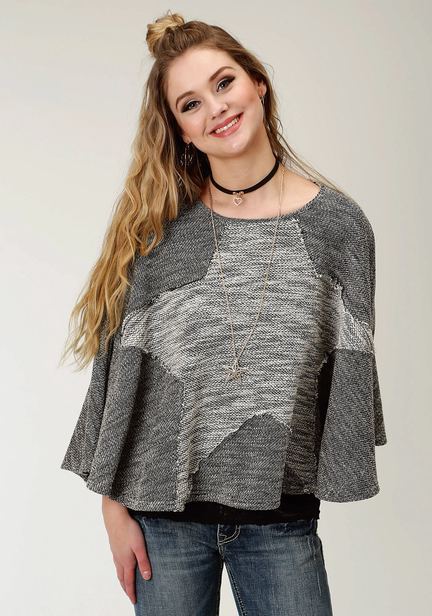 Roper Womens Black/White 100% Cotton Star-Shaped Poncho Layered Warmth Cozy Vibe