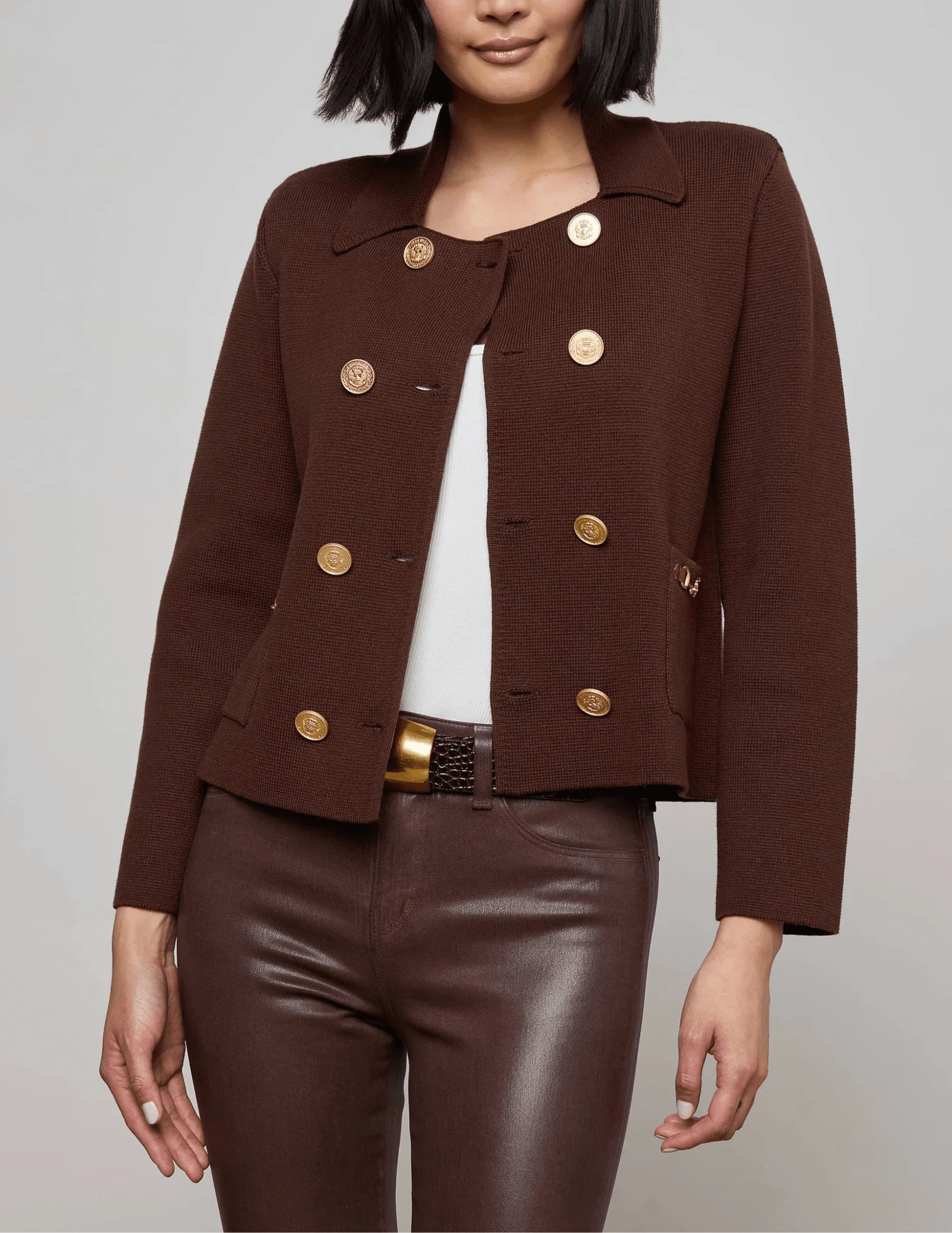 Unisex style L'AGENCE Madilyn Double Breasted Knit Jacket in Chocolate Gold