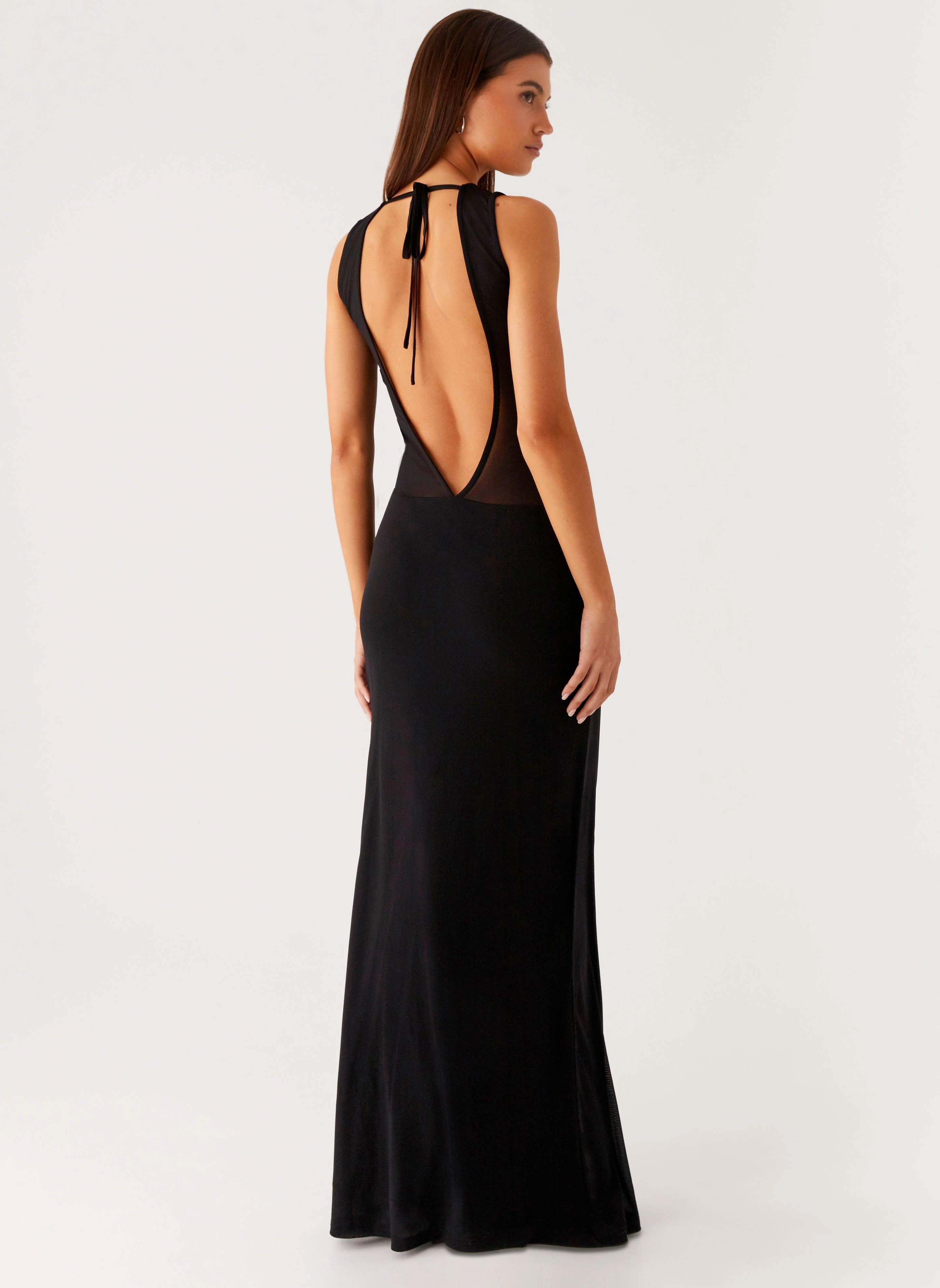 lyria Mesh Maxi Dress - Black Asymmetric-Neck
