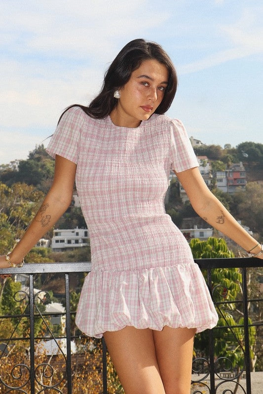 Smocked Plaid Mini Dress Zip Closure Classic wrap dress