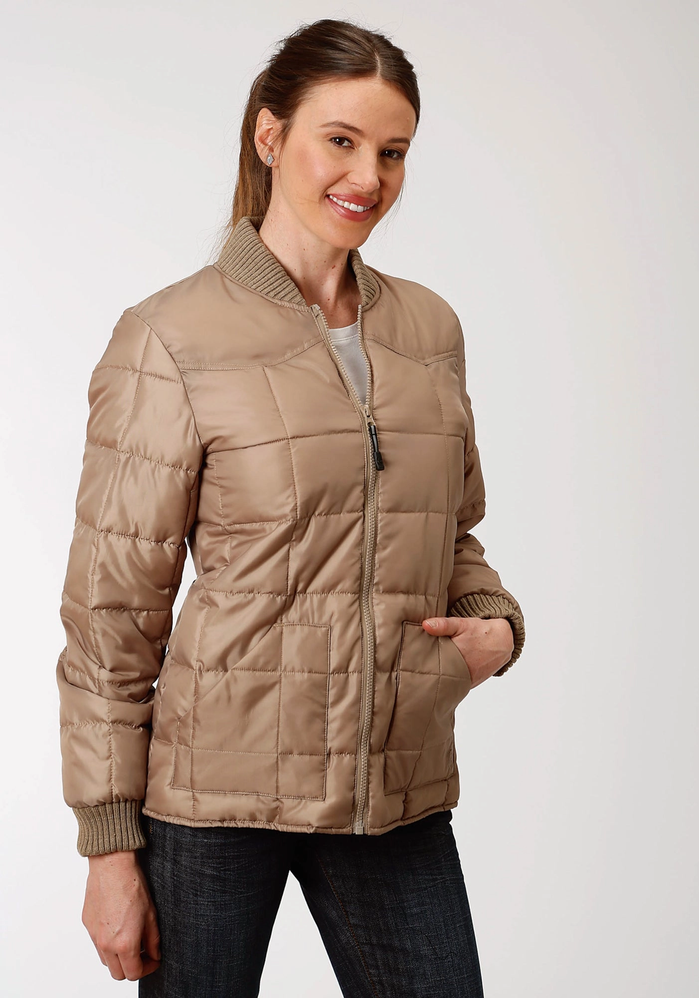 Expandable Side Gussets Roper Womens Khaki Polyester Quilted Insulated Jacket