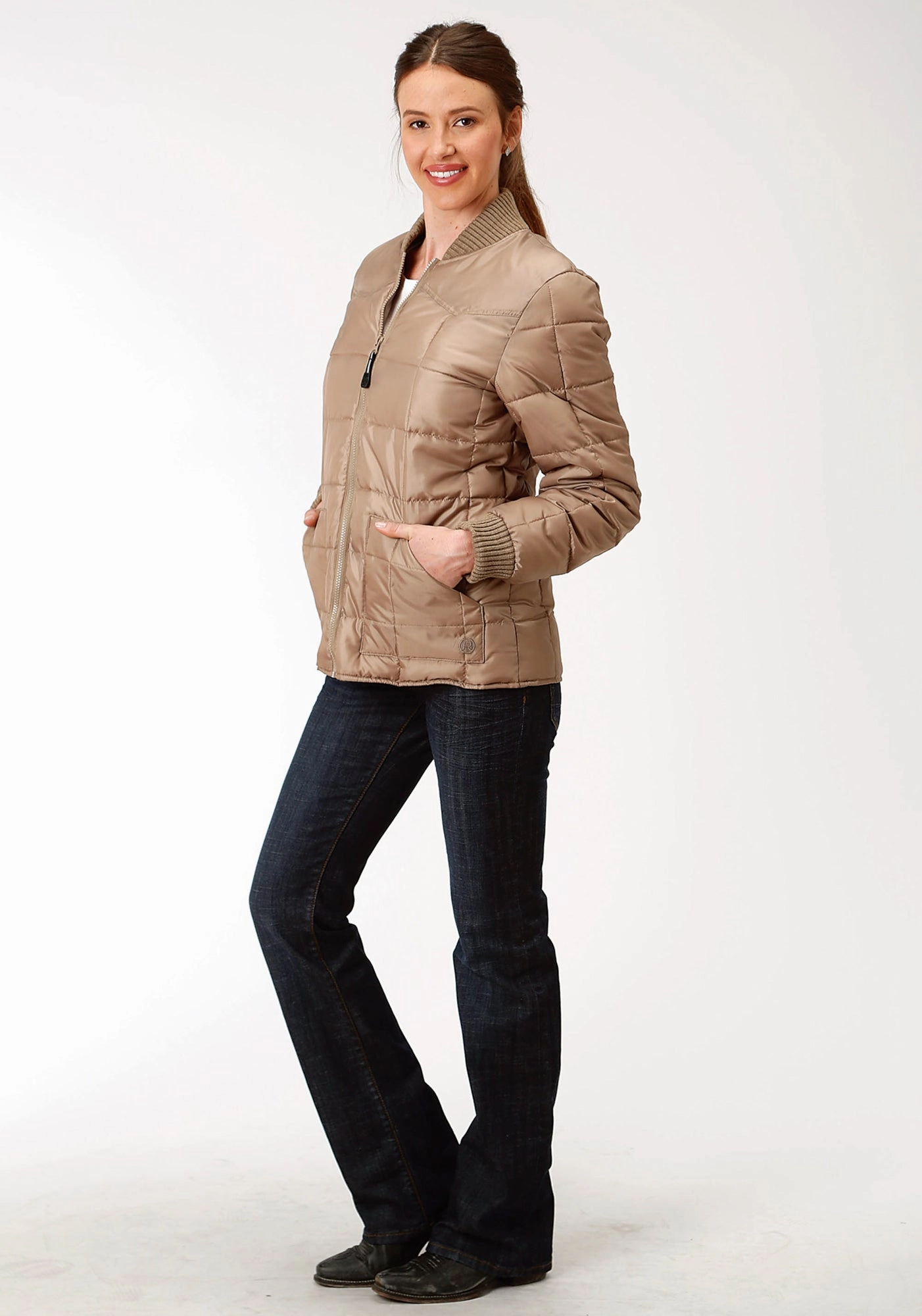 Noise Free Zippers Waterproof Coating Roper Womens Khaki Polyester Quilted Insulated Jacket