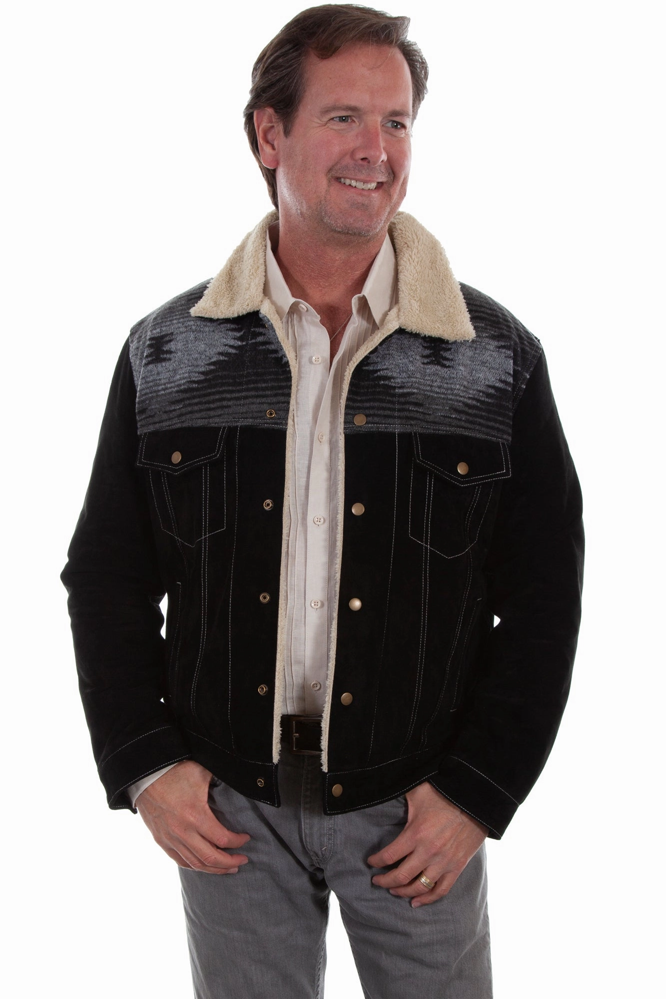 Plaid Print Scully Mens Black Boar Suede Jean Jacket