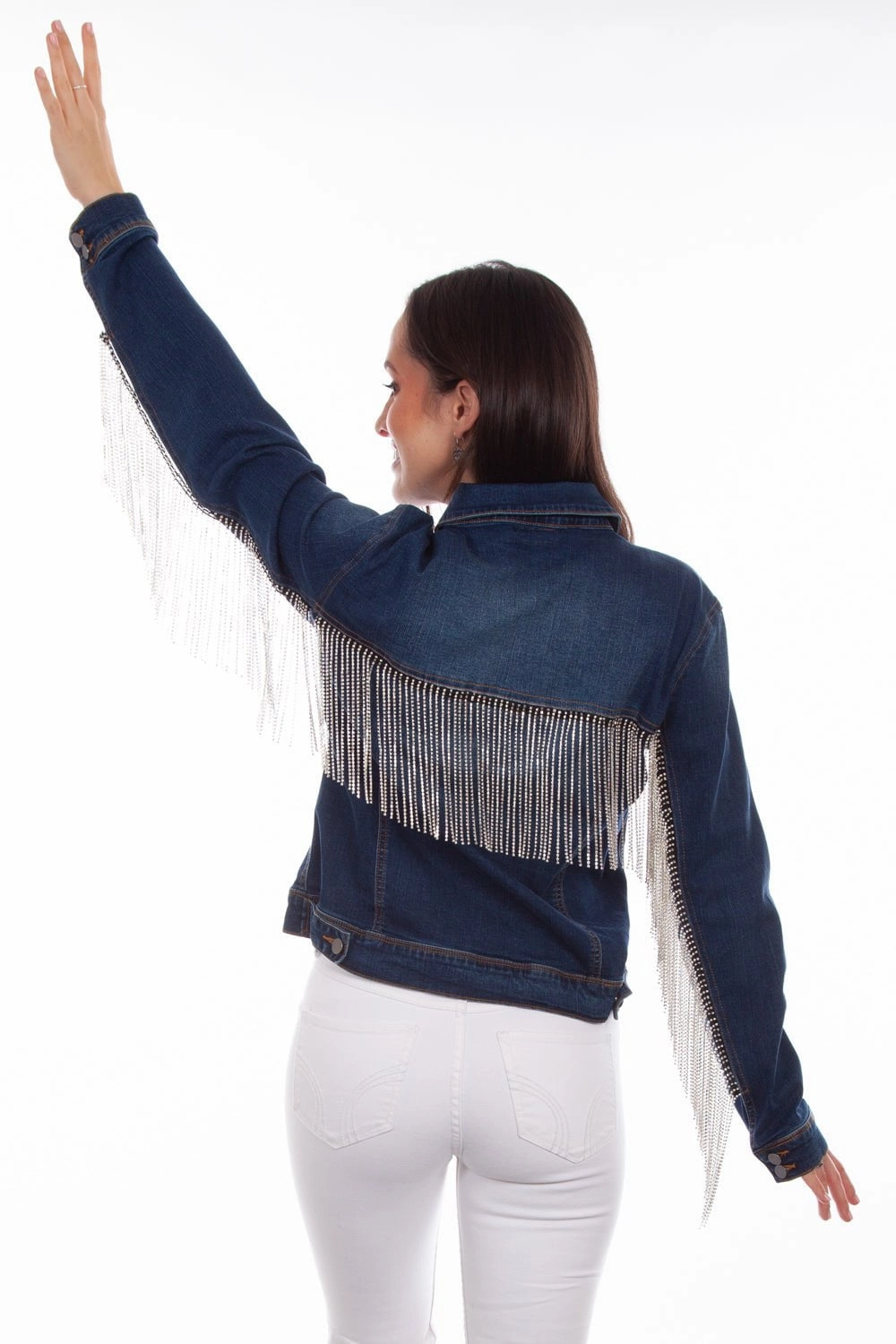 Smooth Flat Collar Scully Womens Denim Cotton Blend Rhinestone Fringe Jacket