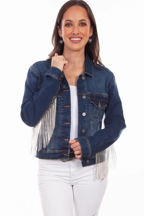 Scully Womens Denim Cotton Blend Rhinestone Fringe Jacket Stain Resistant Material