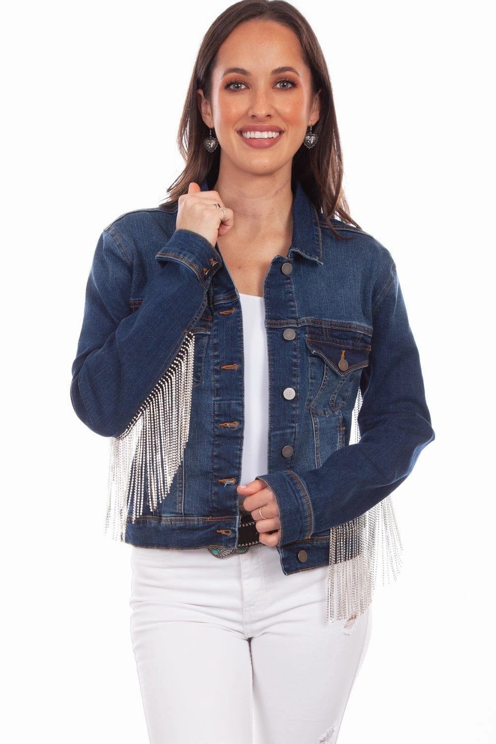 Tear Resistant Fabric Abrasion Resistant Trim Scully Womens Denim Cotton Blend Rhinestone Fringe Jacket