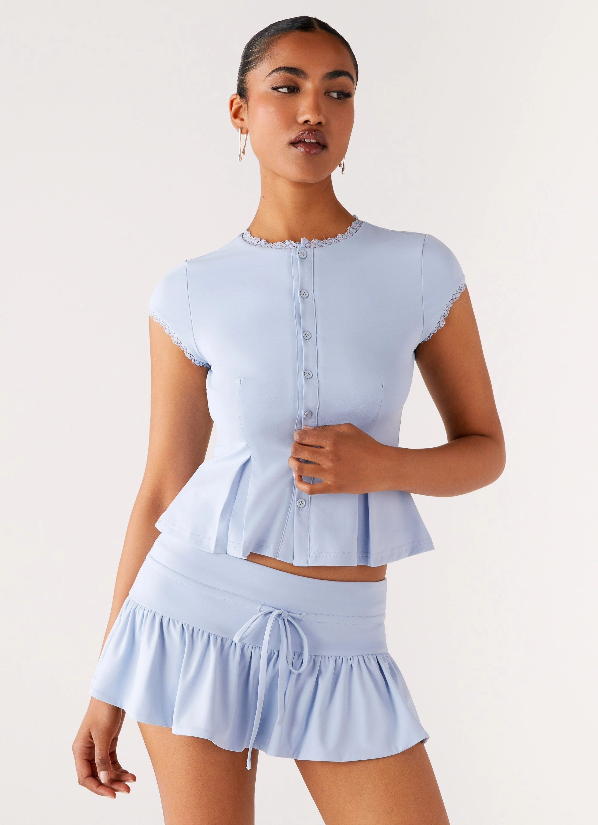 Landon Button Up Top - Blue UltraSoft Blend Ribbed Collar Design