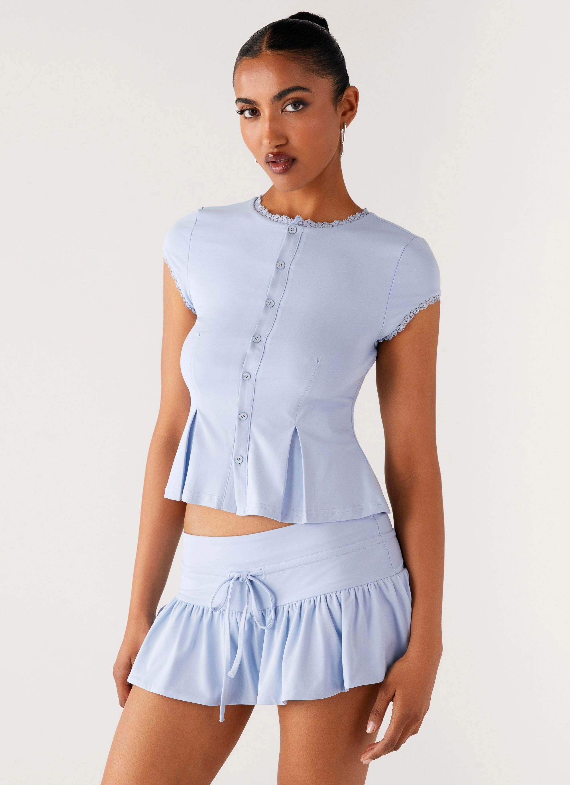 Landon Button Up Top - Blue Smooth Seam Transition SnagFreeKnit