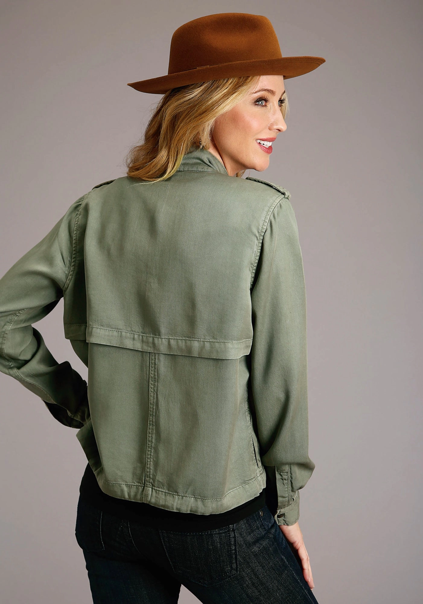 Stetson Womens Olive Green Denim Bomber Style Jacket Double Stitched Seams Compression Panels