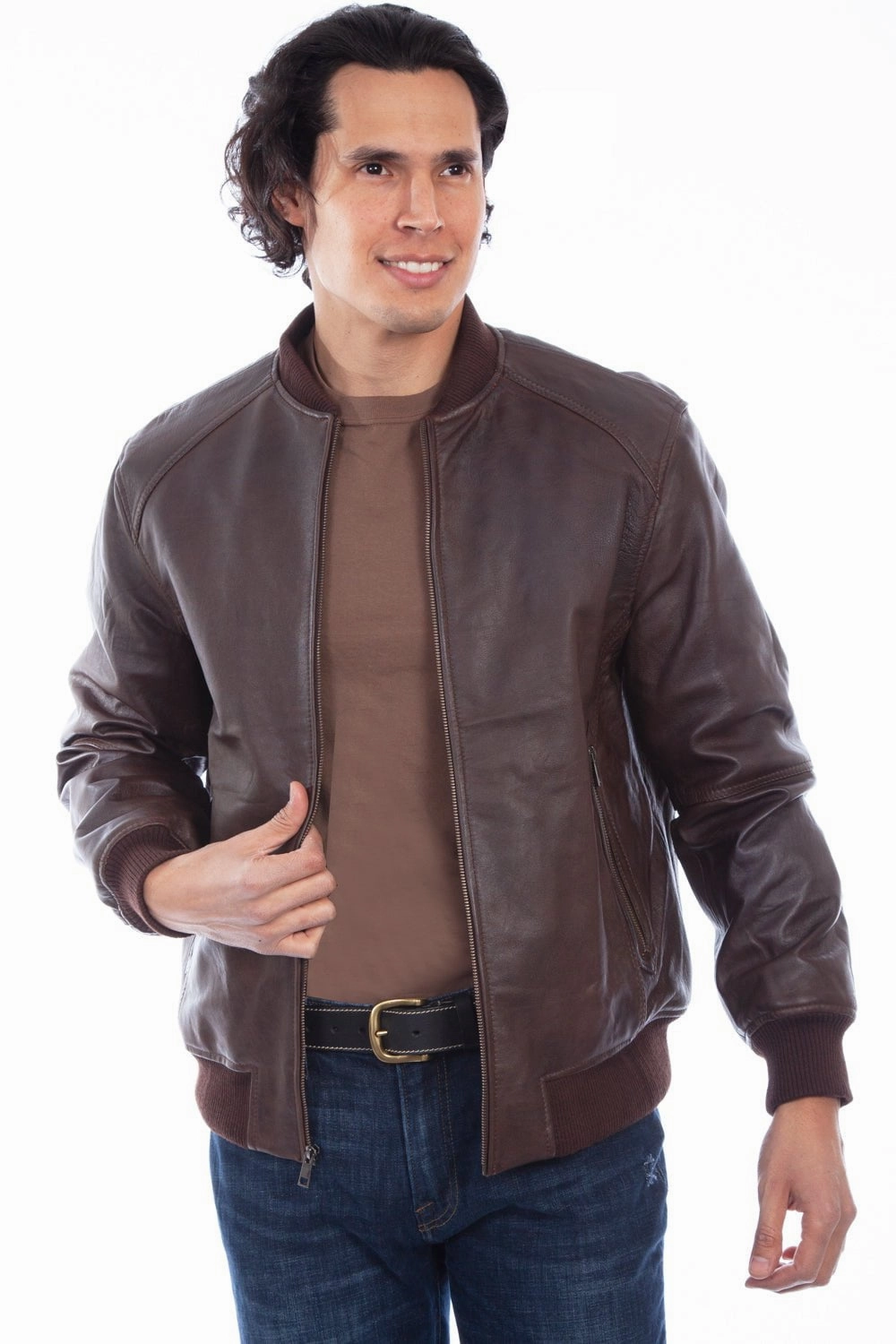 Warm Lining Flatlock Seam Construction Scully Mens Varsity Brown Leather Leather Jacket